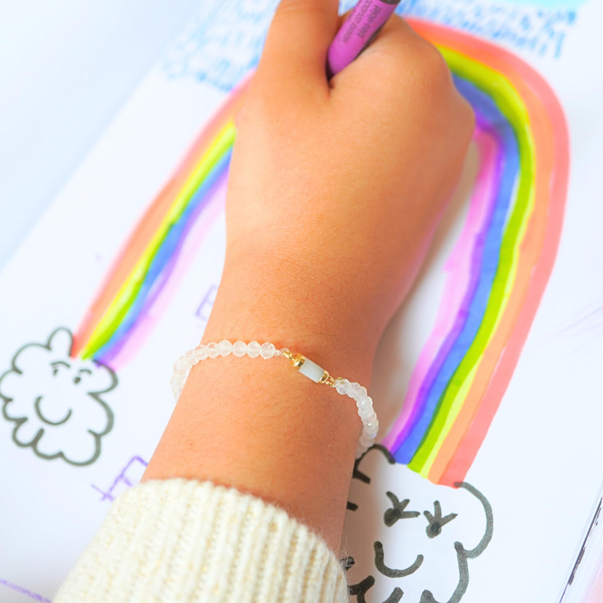 Moonstone Bracelet Birthday Gift for Girls, Toddler Bracelet with Certified 925 Sterling Silver 18K Gold Vermeil Moonstone Crystal Barrel Charm - Natural Organic Gift