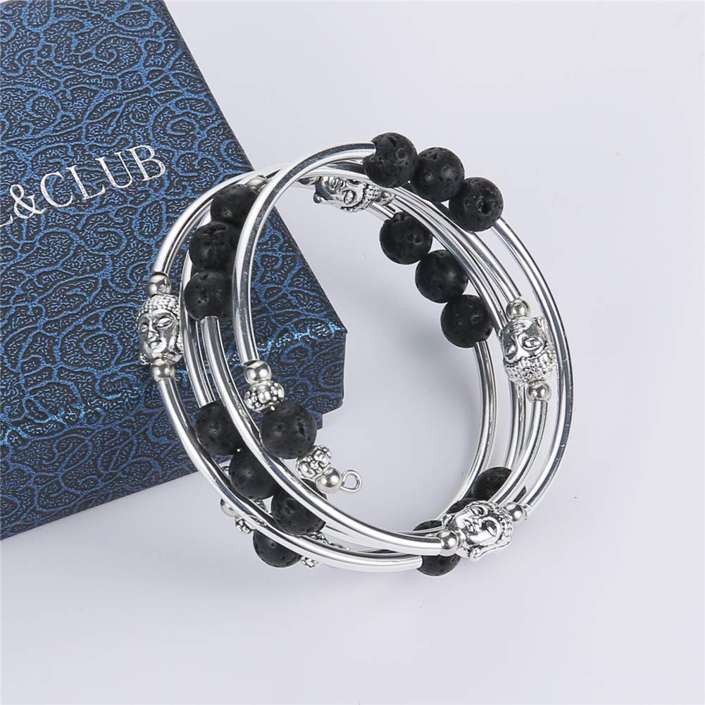PEARL&CLUB Beaded Chakra Bangle Turquoise Bracelet - Fashion Jewelry Wrap Bracelet with Thick Silver Metal and Mala Beads, Birthday Gifts For Women(58-lava bead)