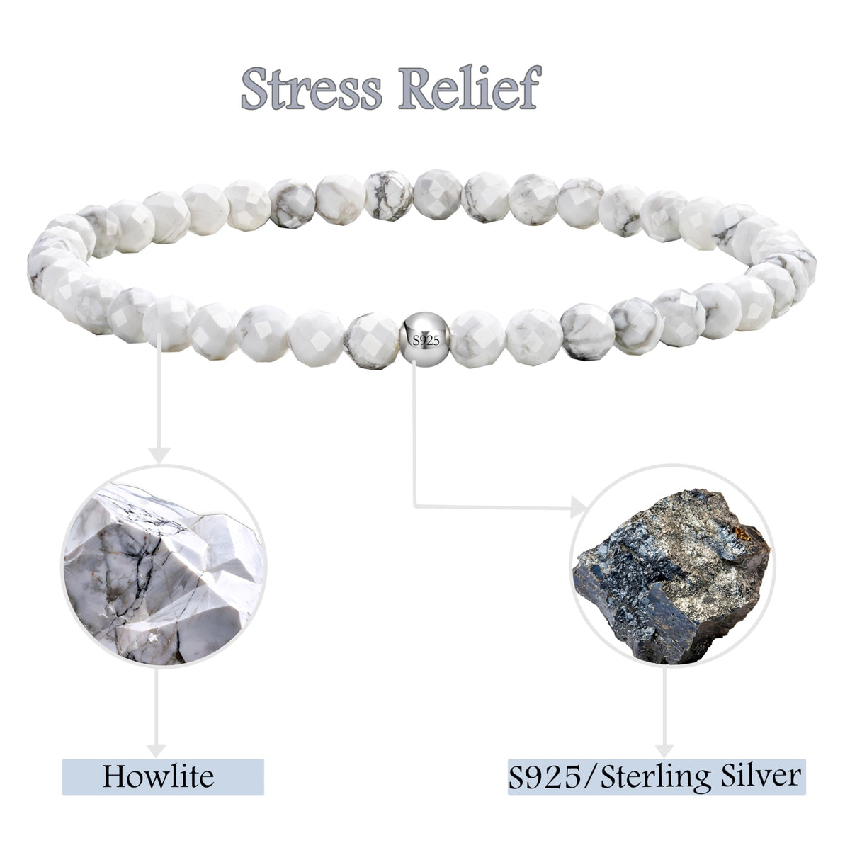 Farfume Howlite - Relief - Beaded Bracelets for Women,Handmade Natural Stone 4mm Beads 925 Sterling Silver Stretch Bracelets, Chakra Crystal Gemstone Jewelry Gifts for Mom
