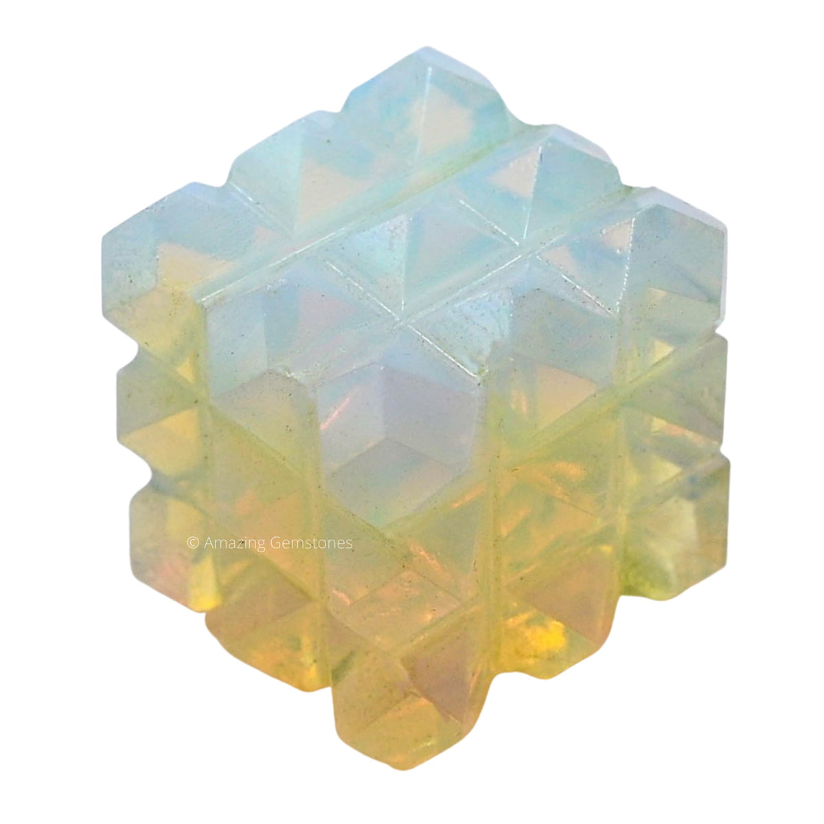Amazing Gemstone Opalite Crystal Cube with 54 Pyramid - 1" Mini Lemurian Pyramid Cube Figurine of Natural Stone Pyramid for Meditation, Reiki, Chakra Balancing Vastu Pooja and Crystal Grids