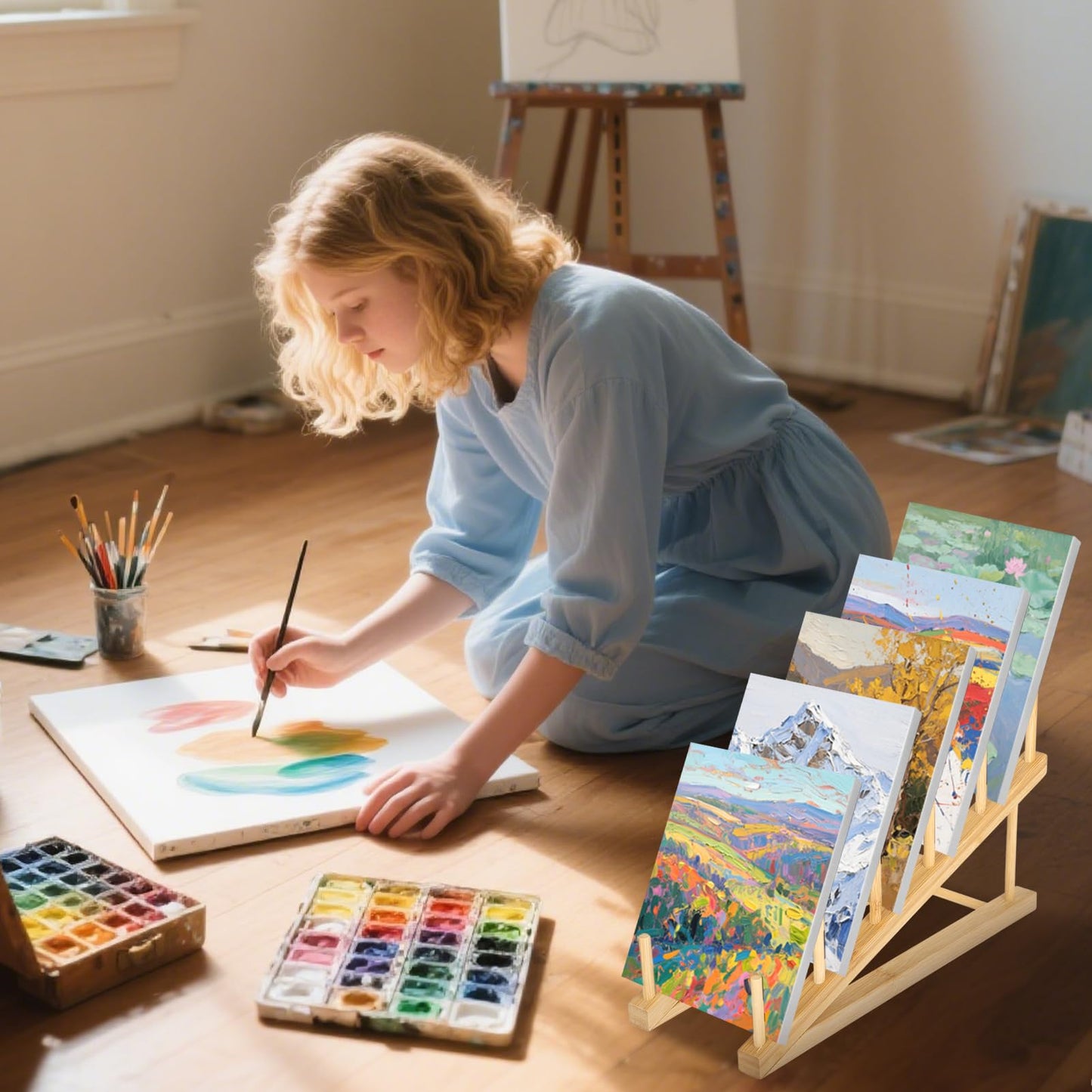 Rainmae 3 Pack Small Art Drying Rack Art Storage Rack for Classroom 5 Layers Paint Display Rack Wood Storage Stand for Canvas, Art Storage Organizer for Painting Canvas, Wooden Tabletop Art Rack