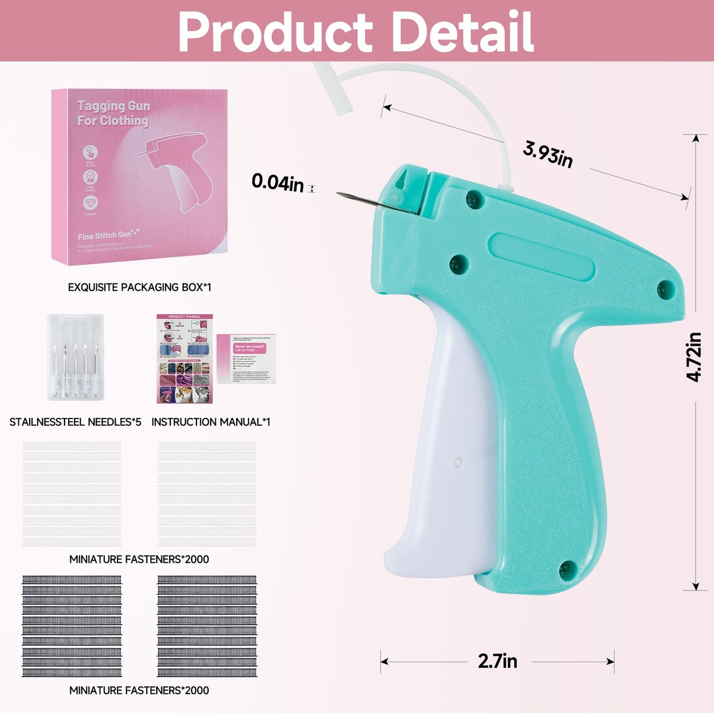 Aqua and White Mini Tagging Stitch Gun for Clothing- Tagging Gun Clothes Stapler Sewing Hemming Tool Stitching Gun with 6 Needles and 2000 Blackand 2000 White Fasteners
