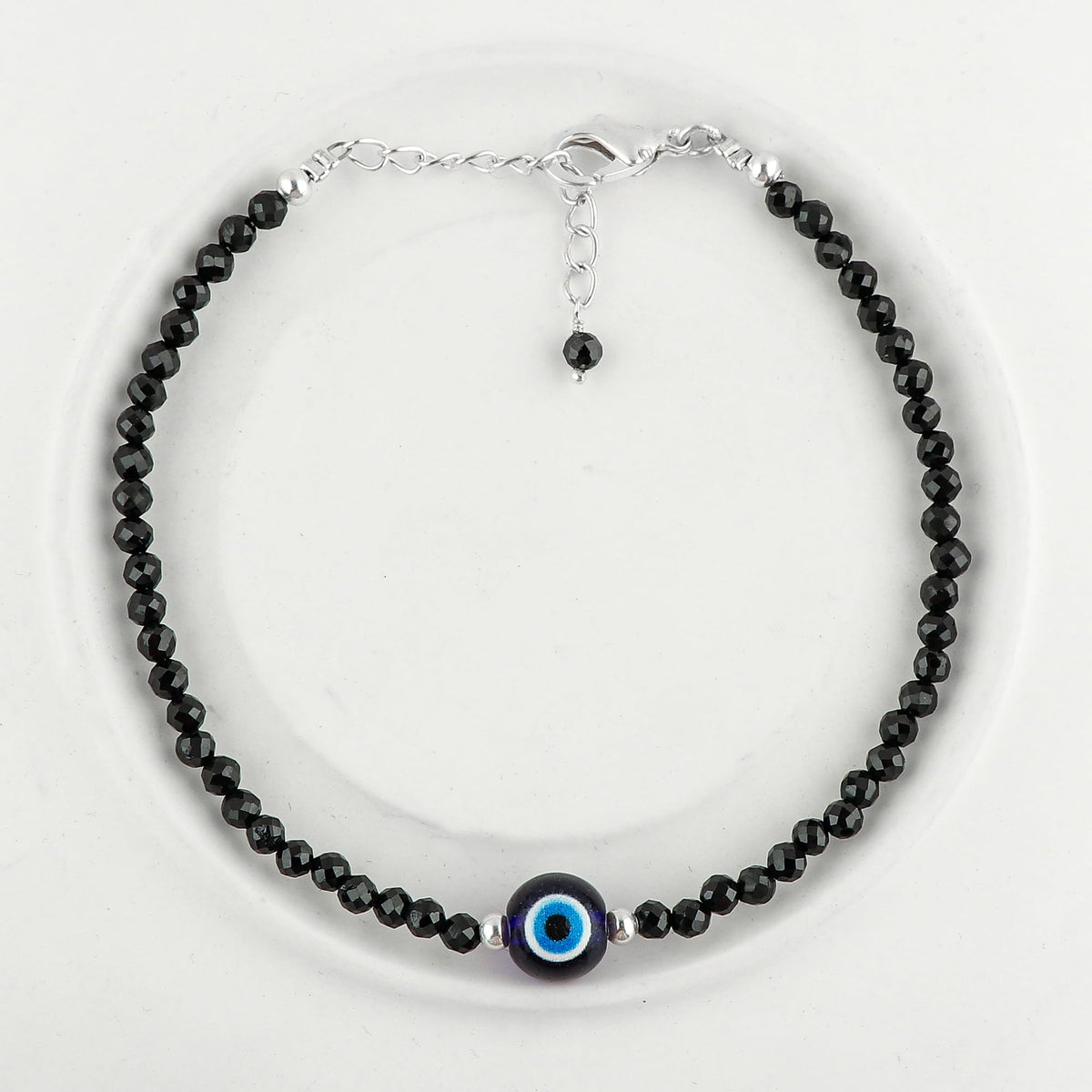 CRYSTALINES Natural Black Spinel Gemstone Bracelet, Faceted Beads Stones, Handmade Hypoallergenic Boho Jewelry for Women, Healing Crystals, Adjustable Silver Plated 7+1inch, Birthday Evil Eye Gift