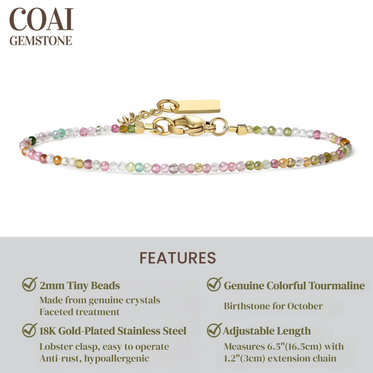 COAI Women's Dainty Crystal Bracelet Tourmaline Bracelet for Women 2mm