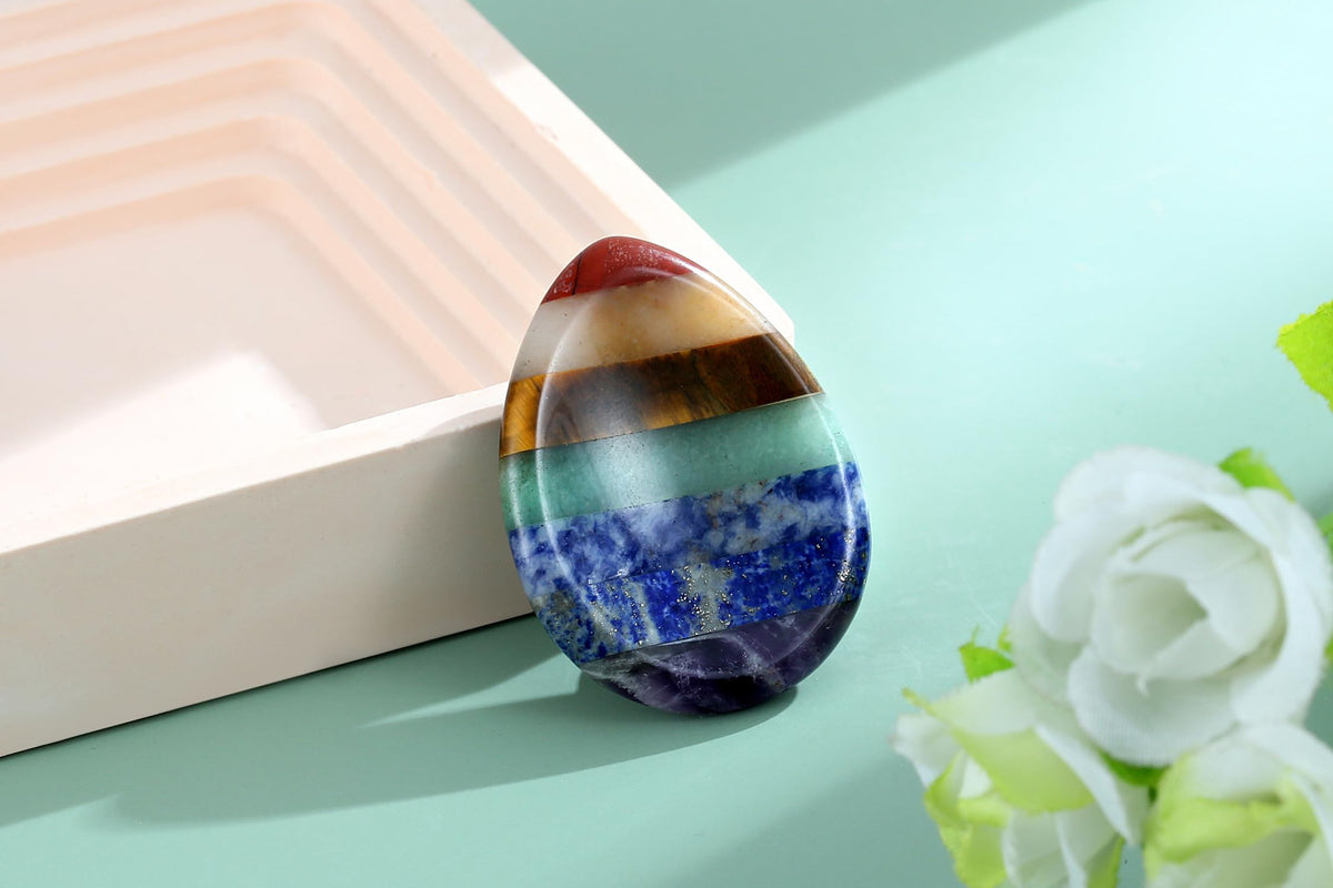 NUKAYAI Thumb Worry Stone for Anxiety 7Chakra Teardorp Crystals Healing Stones Meditation Accessories Calm Mental Health Gifts Real Natural Hand Carved Spiritual Decor Anxiety Depression Relief Items