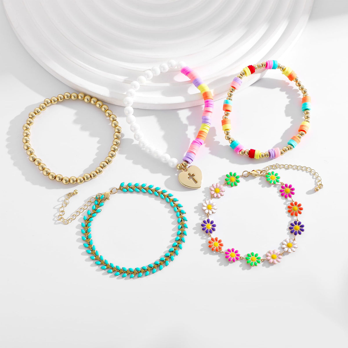 RISHEGAE Cross Beaded Stretch Bracelets for Women Easter Stackable Gold Polymer Clay Beads Bracelets Friendship Boho Summer Beach Bracelet Jewelry Set