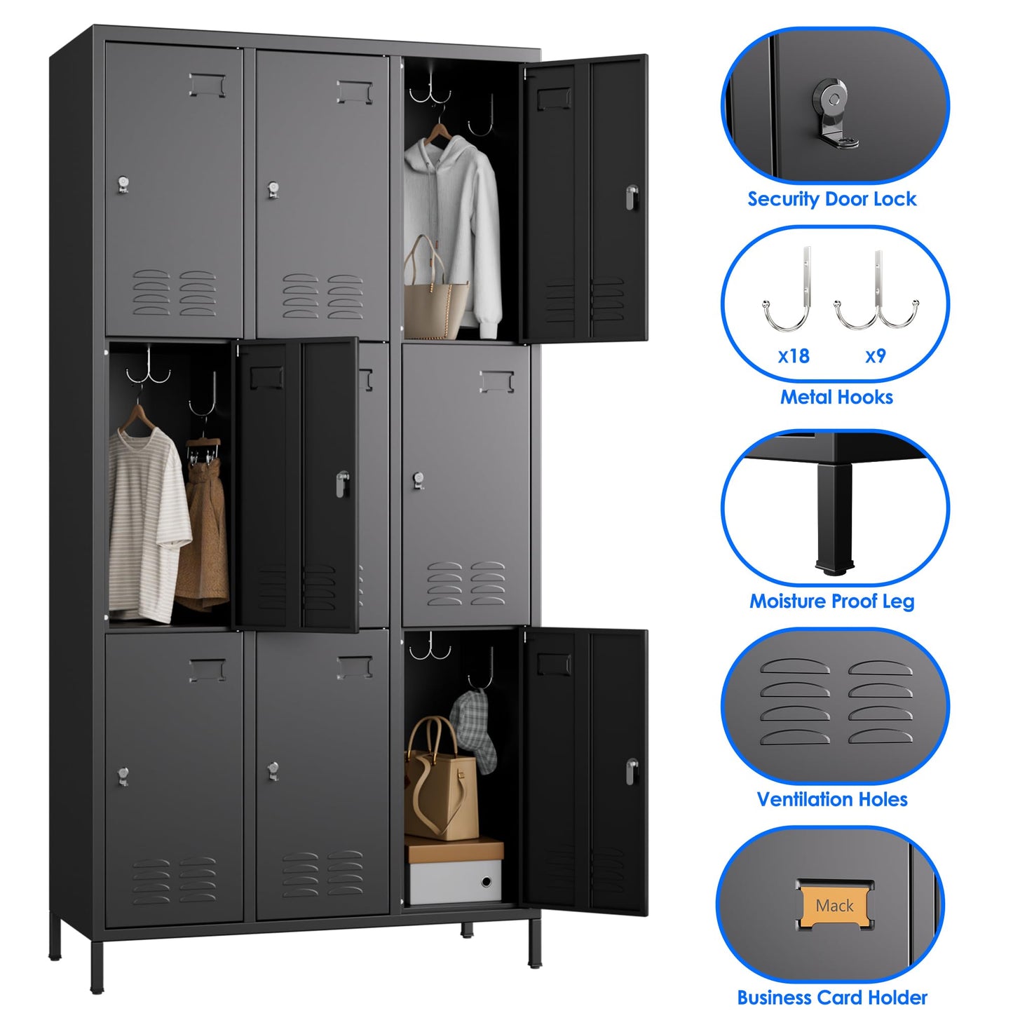 METAN Metal Locker for School Office Gym Bedroom,9 Doors Black Steel Storage Locker Cabinet for Employees, Industrial Storage Locker, Assembly Required (9 Door-Black)