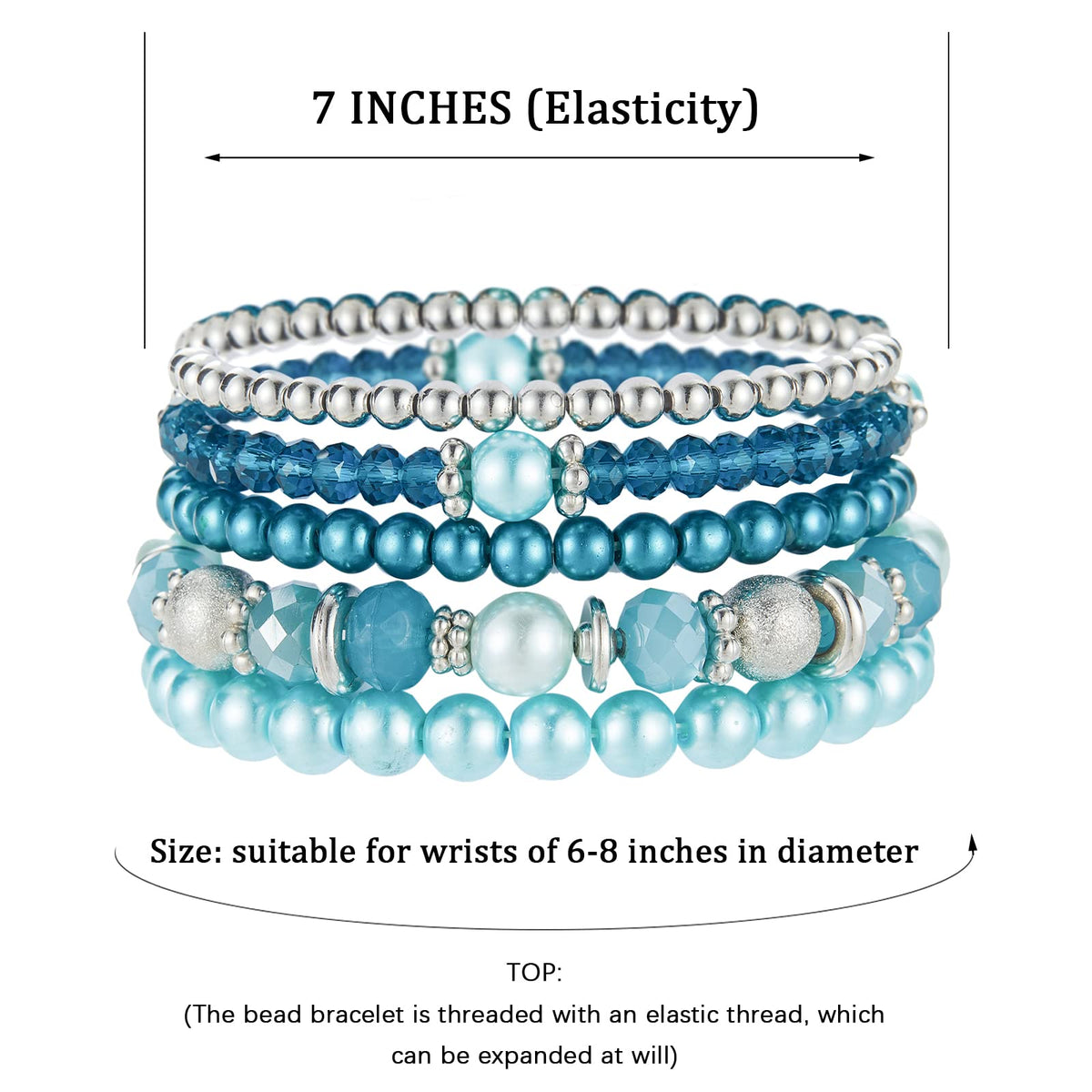 Noessla Beaded Pearl Stretch Bracelet Silver Stackable Crystal Beads Bracelets Trendy Costume Jewelry Mothers Day Gifts for Women(Turquoise)