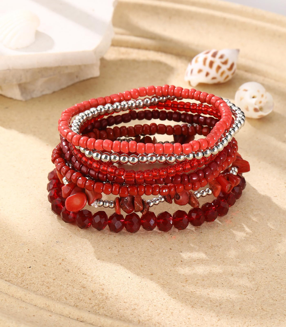 Noessla Boho Beaded Bracelets for Women Stackable Irregular Natural Stone Bead Stretch Bracelet Set 8PCS Costume Jewelry Gifts for Her(Red)