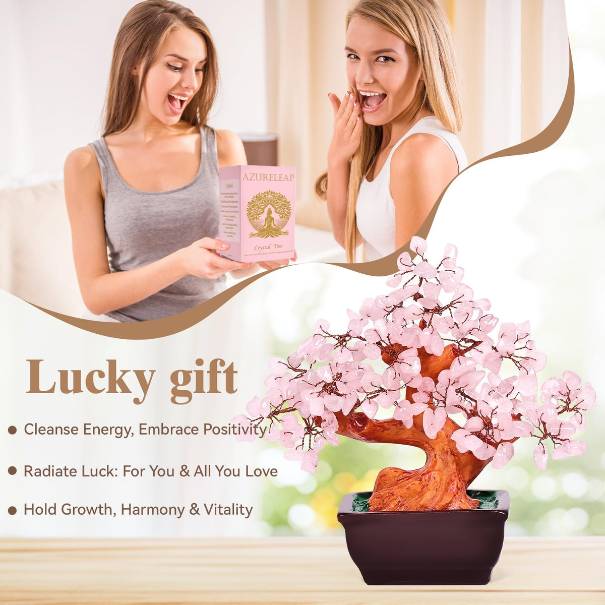 AzureLeap Feng Shui Natural Rose Pink Quartz Crystal Money Tree Bonsai Style Decoration for Wealth and Luck (Pink)
