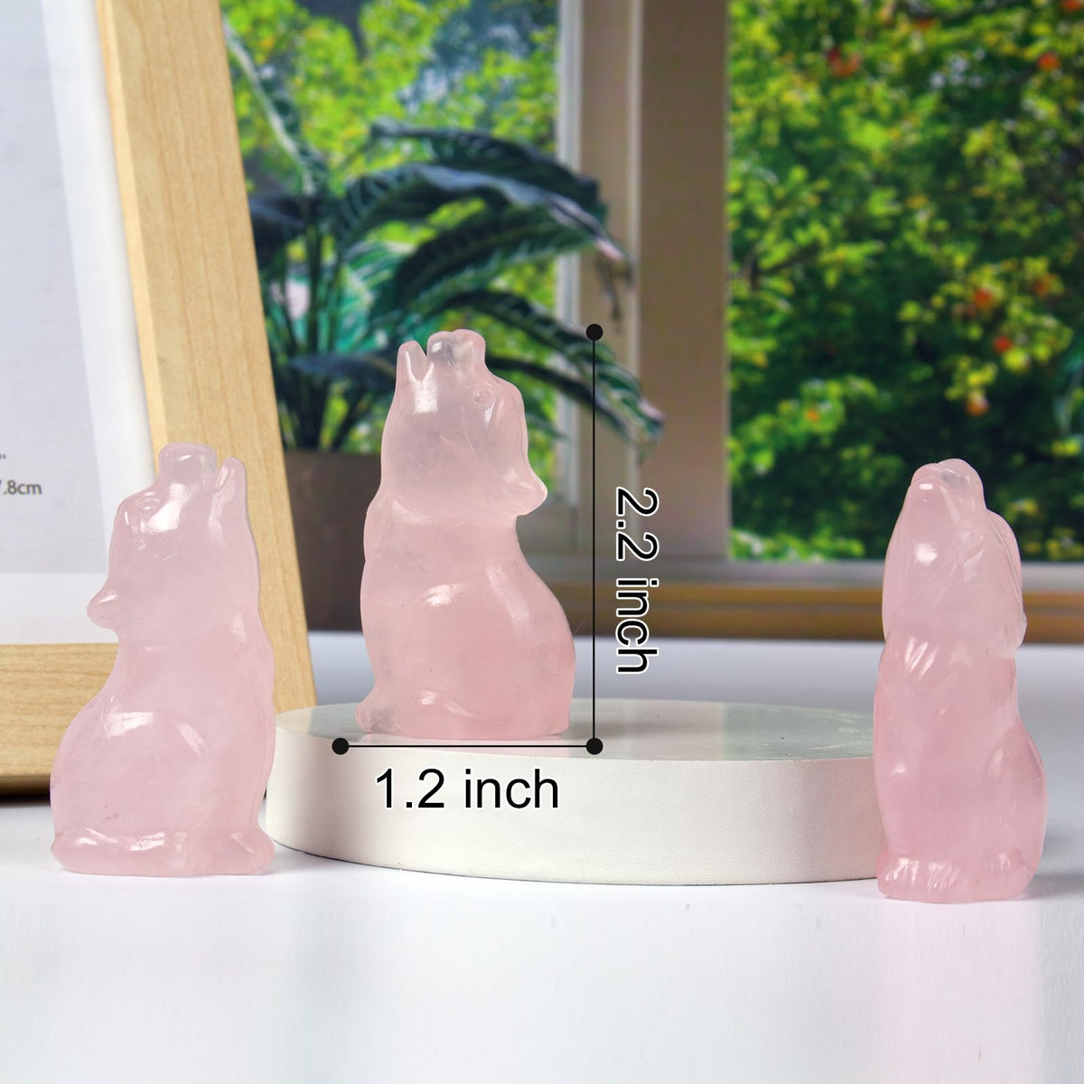 QLRSUXN Rose Quartz Howling Wolf Crystal Figurines, 2.2 Inch Wolf Totem Spirit Animal Statue Decor for Home Office Desk Altar, Hand Carved Natural Healing Crystal Sculpture Gifts for Women Men