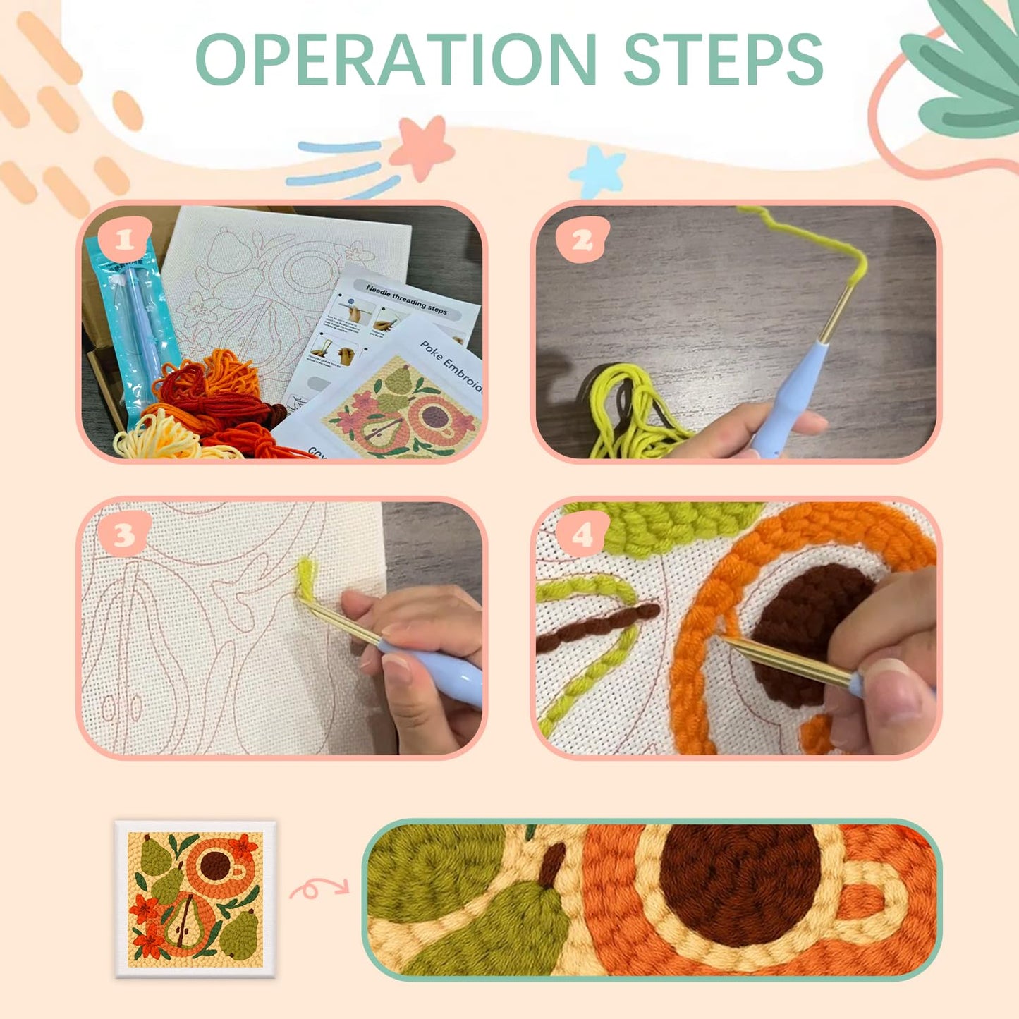 SDOYUNO Punch Needle Kit with Frame for Adults Beginners Kits 9.84 x 9.84 Inch Embroidery Starter Kits Punch Needle Kit with Sunset Beach Pattern, Threader, Yarns, Rug Punch, DIY Craft Kits (Green)
