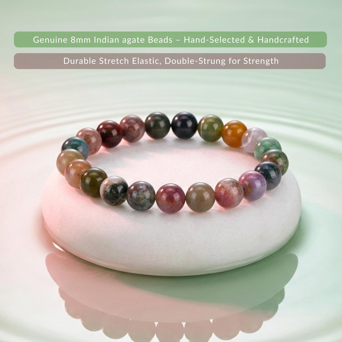Cherry Tree Collection Indian Agate Beaded Bracelet – Genuine 8mm Gemstone Stretch Bracelet for Men & Women – Handmade Crystal Bracelet - (Indian Agate - S)