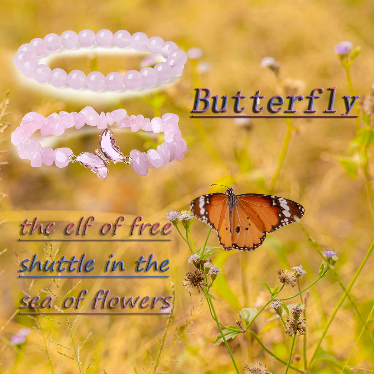 DUQGUHO 2Pcs Rose Quartz Butterfly Bracelets for Women, Pink, Cute Butterfly Charm, Healing Crystals, Crystal Gifts