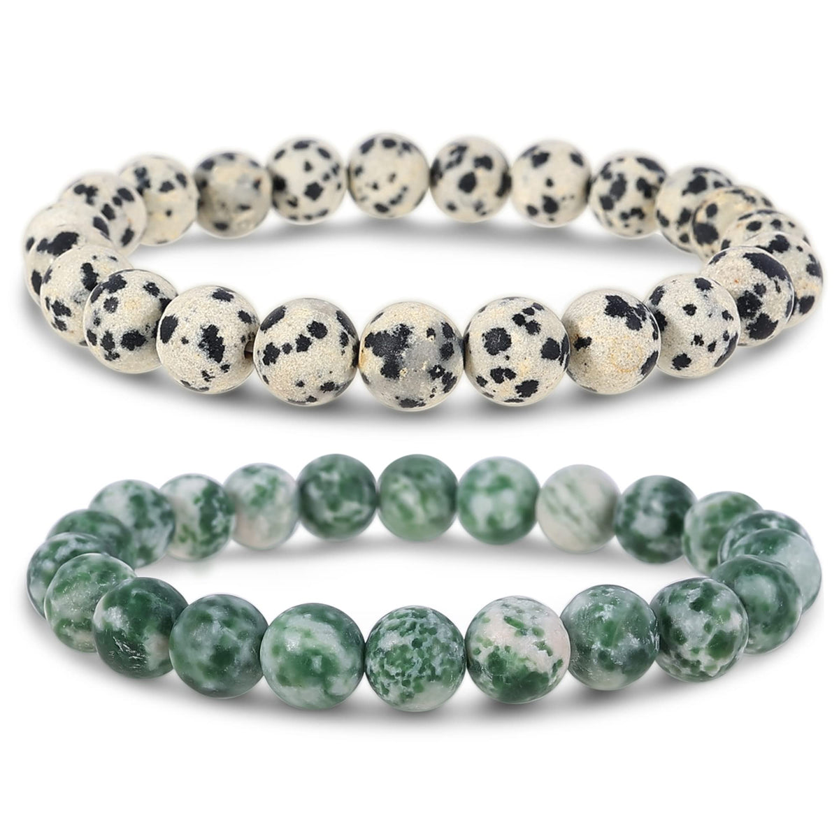 Bivei Natural Gemstone Semi Precious Crystals Handmade Stretchy Round Beads Bracelet, Enhance Positive Energy,Stocking Stuffers for Women(Dalmatian Jasper & Green Jasper (Inner Strength) Medium)