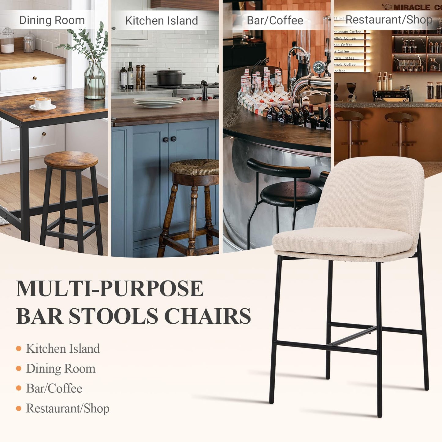 MALOL Bar Stools Set of 4, Modern Upholstered Counter Height Bar Chairs with Cushioned Seat and Curved Back, Fabric Kitchen Island Stools with Sturdy Metal Legs for Dining Room Island Bar, Beige