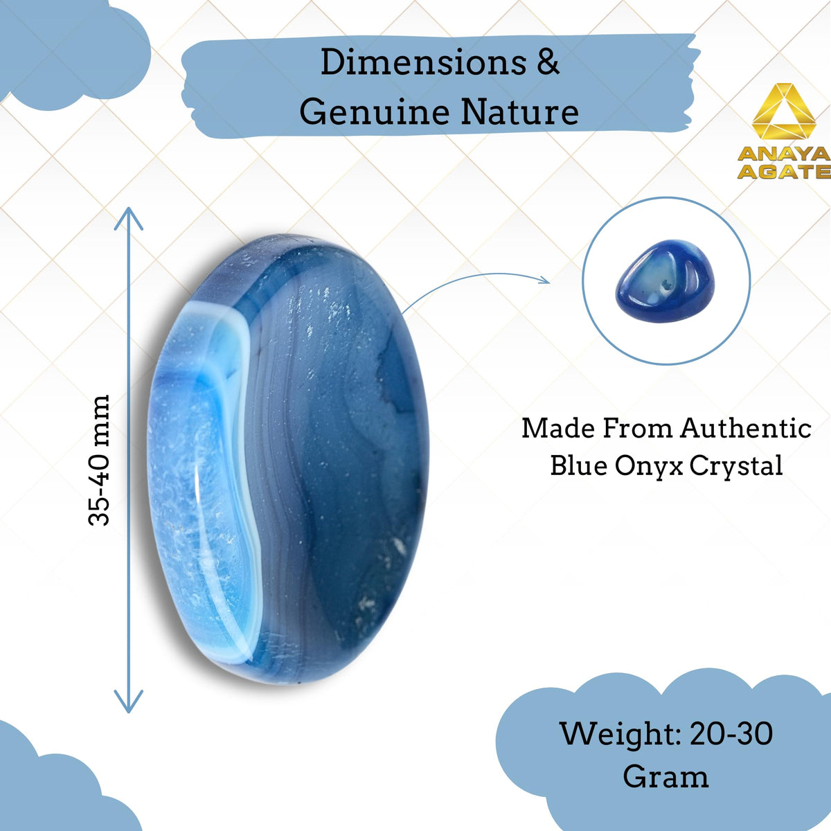 Anaya Agate Blue Onyx Worry Stones Certified Crystal Thumb Worry Stone for Anguish, Relaxing and Soothing Balance Stones for Meditation, Stress Relief Crystals and Healing Stones for Men, Women