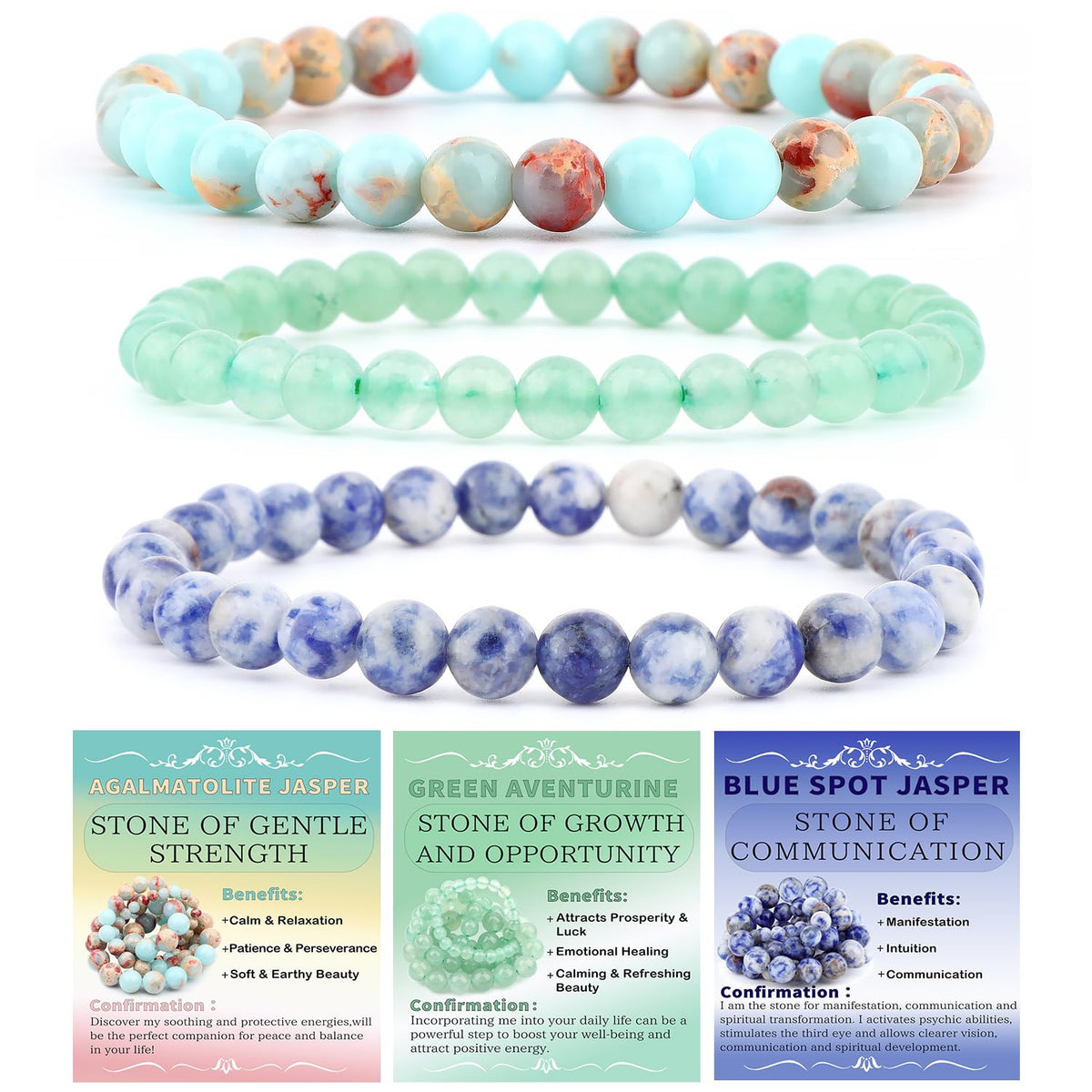 NCB 3-Piece 6mm Natural Crystal Gemstone Stretch Bracelets – ﻿Agalmatolite Jasper, Blue Spot, Green Aventurine Handmade Reiki Energy Healing Jewelry for Meditation,Yoga, Unisex