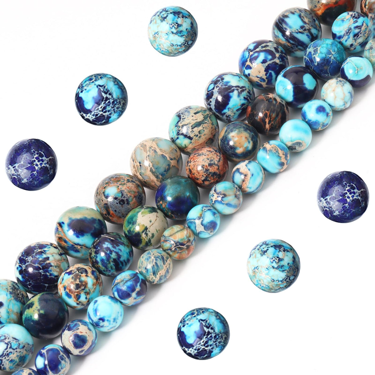 Siomia 60pcs 6mm Natural Mixed Blue Imperial Jasper Gemstone Beads Energy Healing Crystal Round Loose Stone Beads for Jewelry Making, DIY Bracelets Necklaces