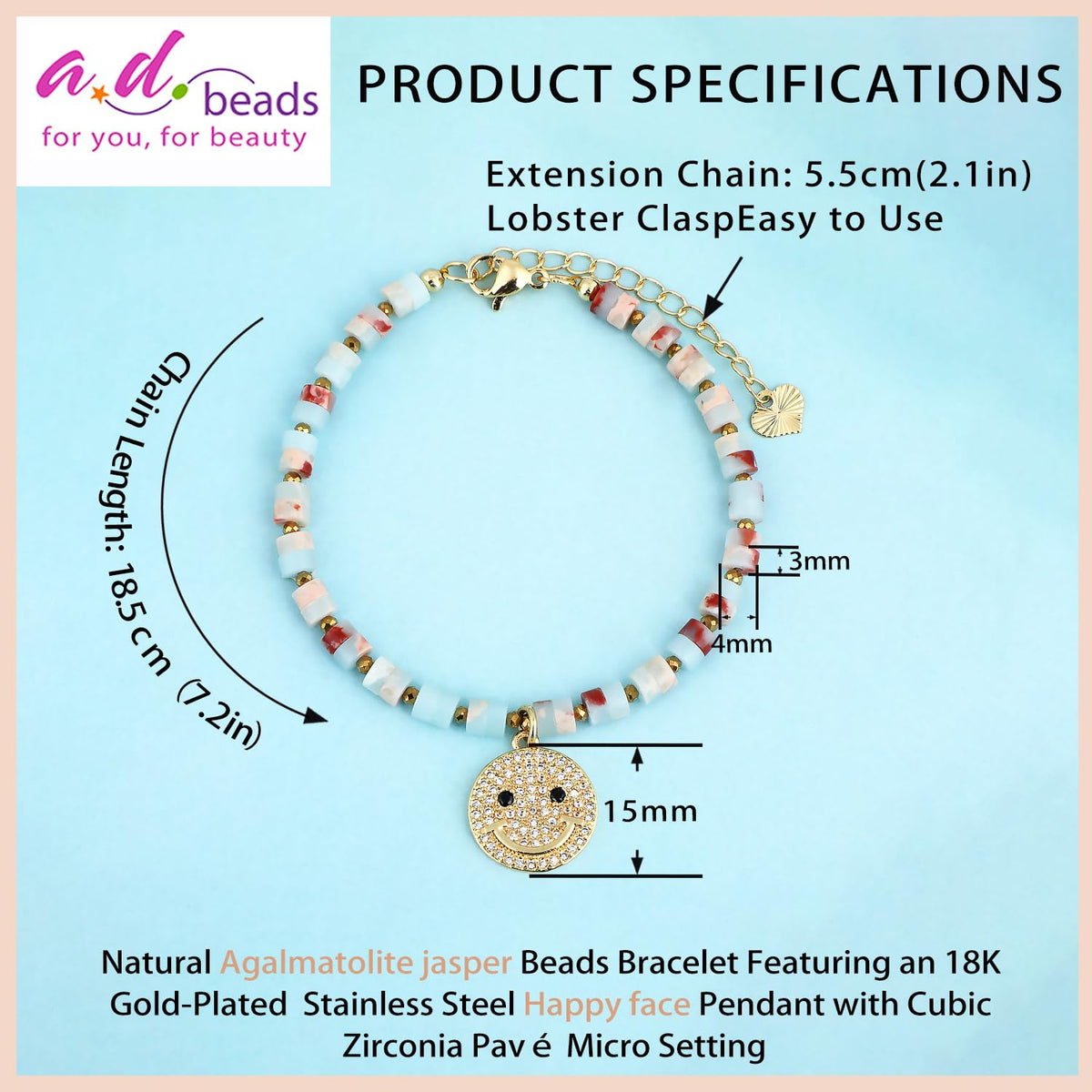 Natural Gemstone Healing Crystal Agalmatolite jasper Dainty Charms Happy face Bracelet Adjustable Chain Extender Minimalist Jewelry