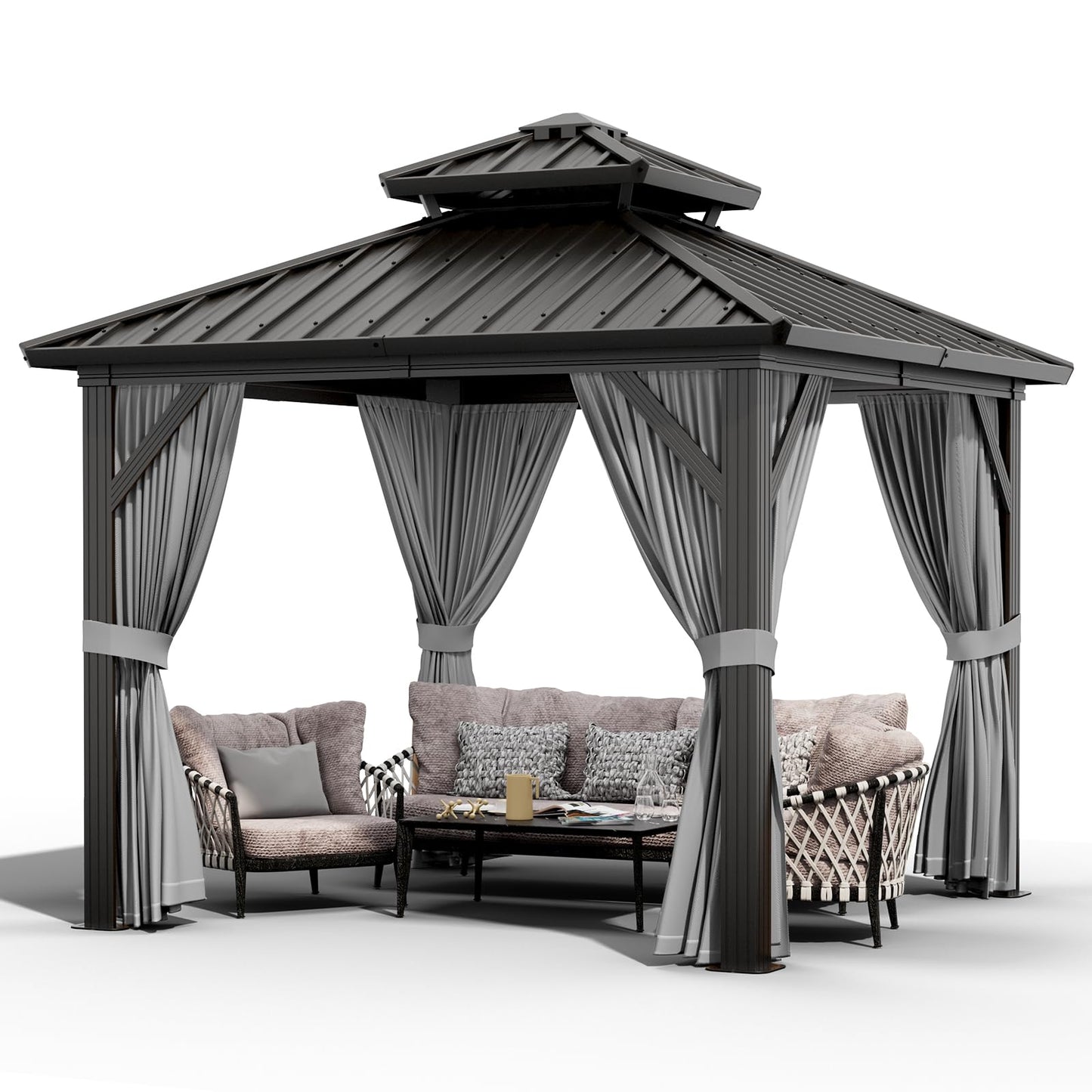 GarveeLife 10x10 ft Double Roof Hardtop Gazebo, Heavy Duty Galvanised Steel Hardtop Pavilion with Nettings and Curtains, Aluminum Gazebo for Patio, Terrace, Lawn and Deck, Grey