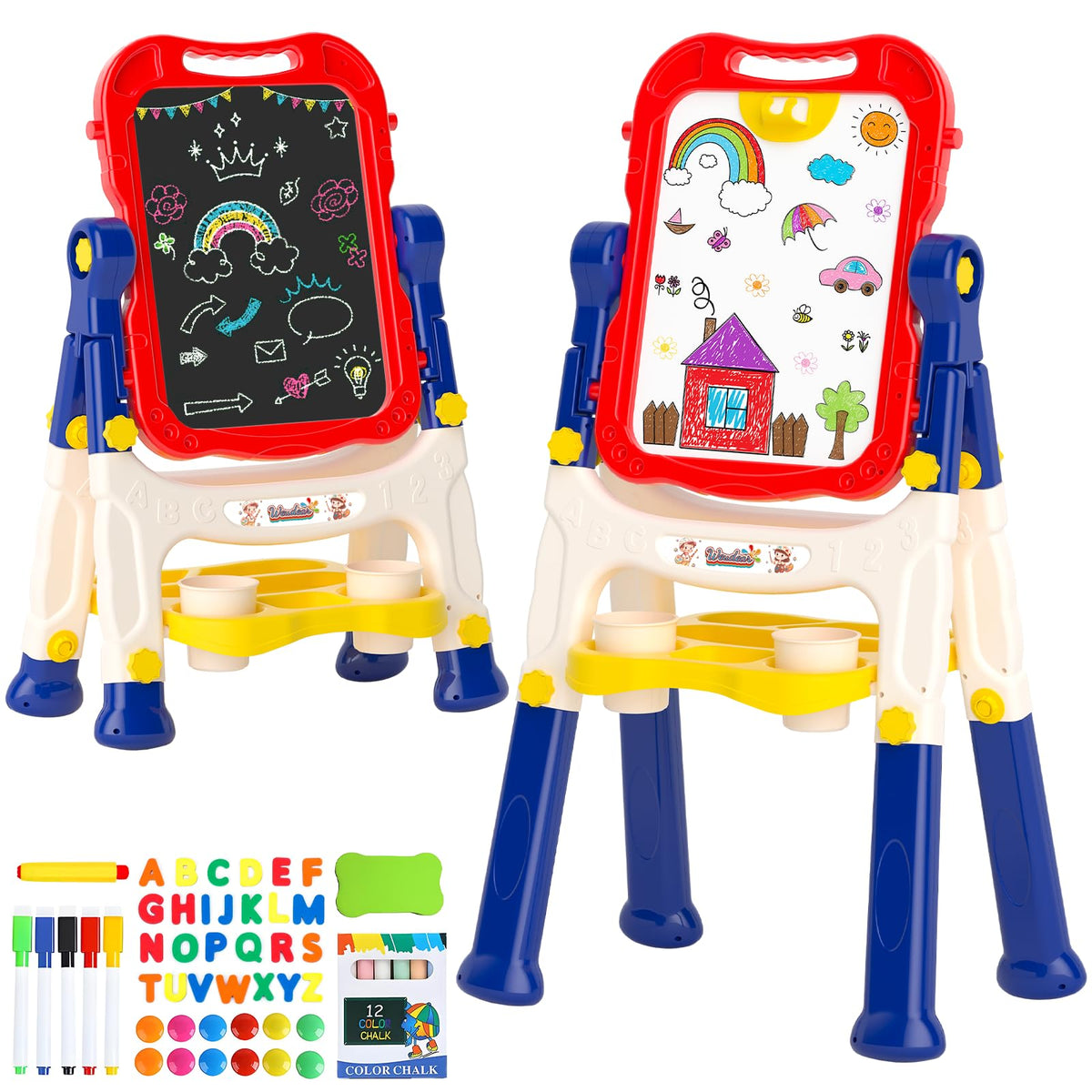 Chalk Board Easel for Kids Toys,Double-Sided Magnetic Kids Chalkboard and Dry Erase Boards,Toddler Toys for 3 Year Old Boy Gift,Art Easel Learning Educational Toy for 3 4 5 Years Old Boys Gift