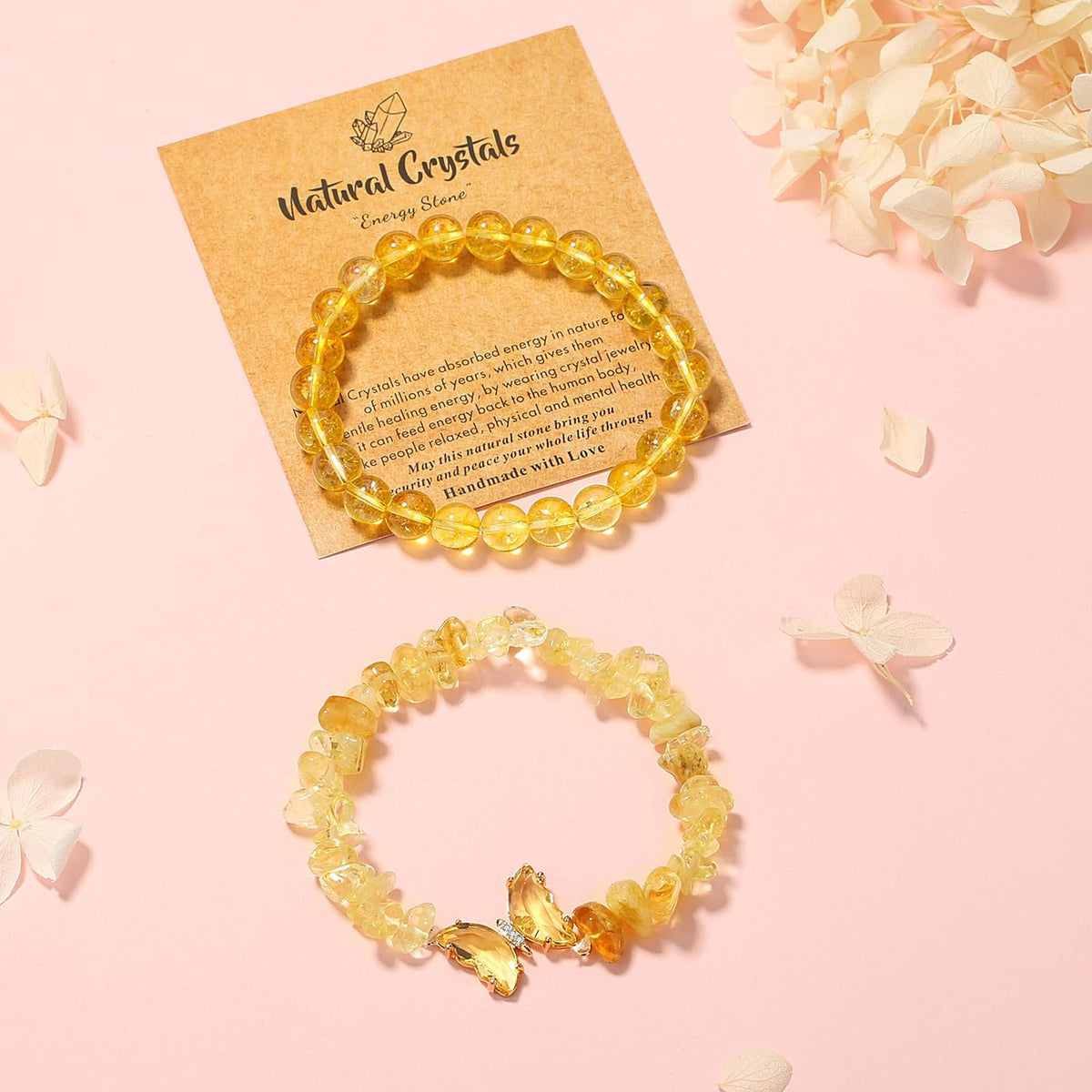 DUQGUHO Citrine Crystal Bracelets for Women Healing Yellow Bracelets 8mm Citrine Beaded Bracelets for Women Butterfly Charm Stretch Bracelets Yellow Jewelry Butterfly Gifts for Women 2PCS