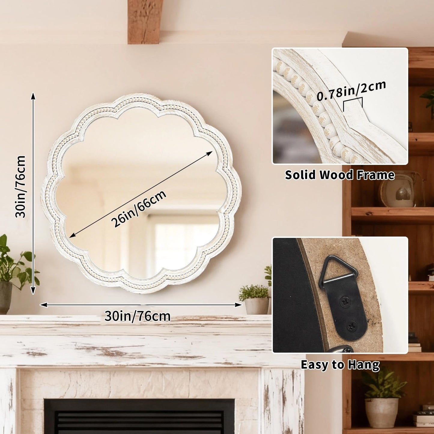 UPPER DECOR 30 Inch Round Wall Mirror, Whitewashed Wooden Frame with Scalloped Edge & Beaded Trim, Decorative Farmhouse Boho Mirror for Bedroom, Bathroom, Living Room, Entryway