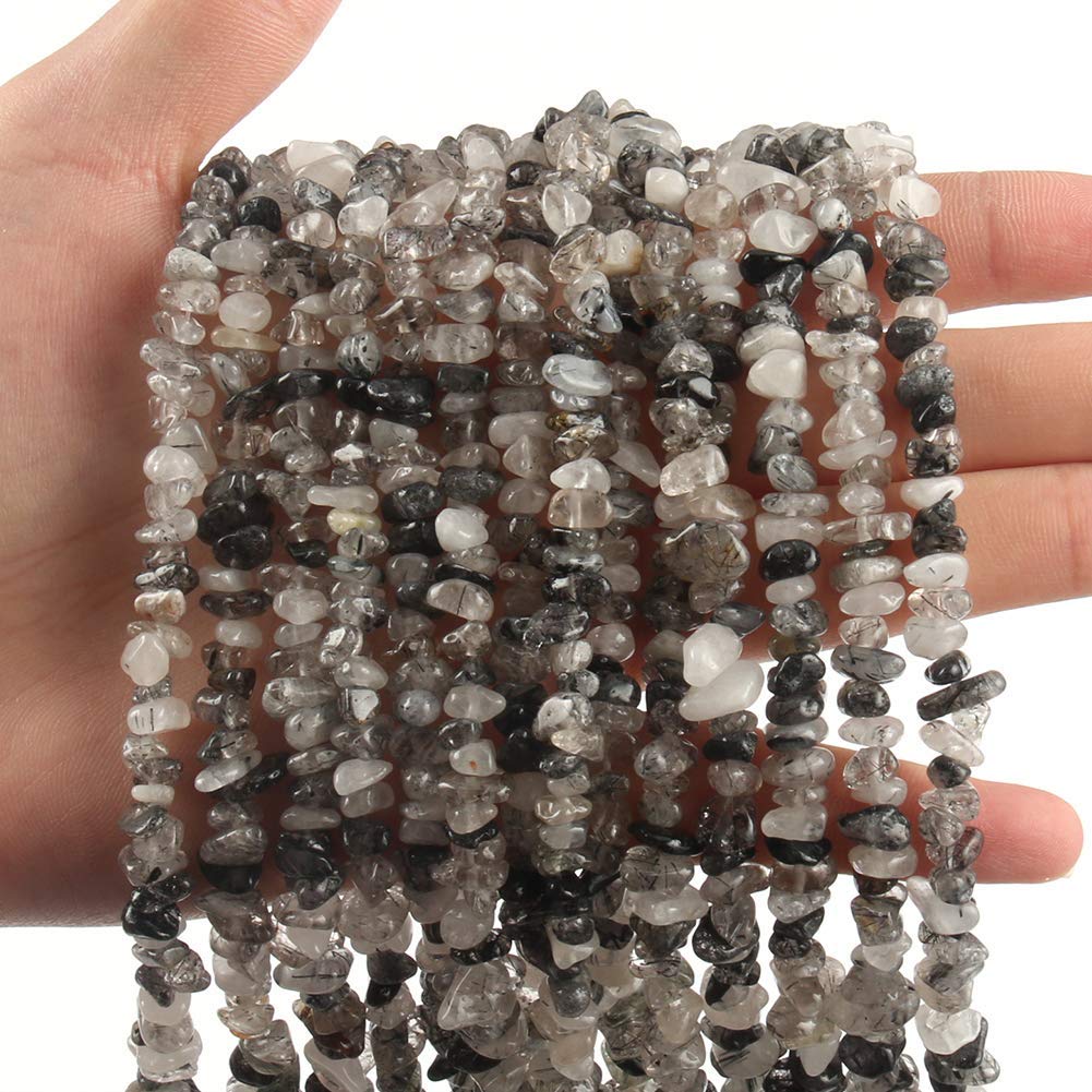 HAAMIIQII 5-8mm Natural Black Rutilated Quartz Chips Beads Irregular Chip Stones Loose Gemstone Energy Healing Beads for Jewelry Making Strand 30 Inch