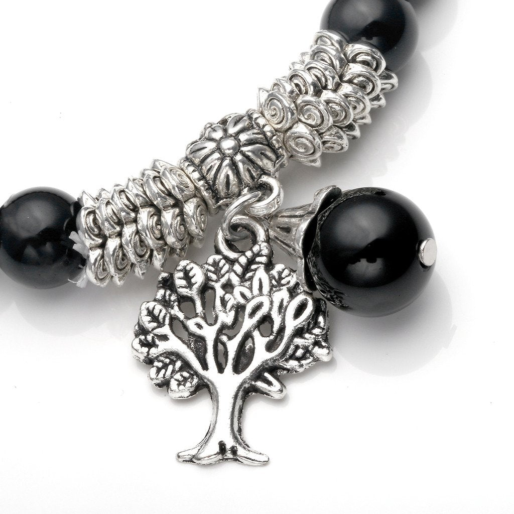 Jovivi 8MM Natural Black Agate Onyx Gemstone Healing Point Tree Life Lucky Charm Stretch Bracelet