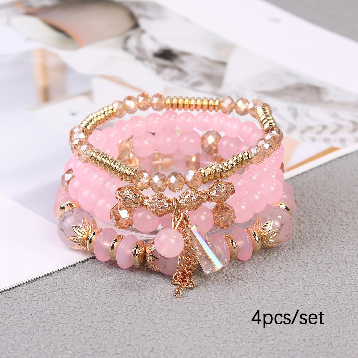 LOTSOF Bohemian Green Jade Stackable Bracelet Set - 4-Layer Stretch Beaded Bracelets with Gold Accents, Boho Jewelry for Women, Fashion Statement Accessory (Gift Ready) (Pink)