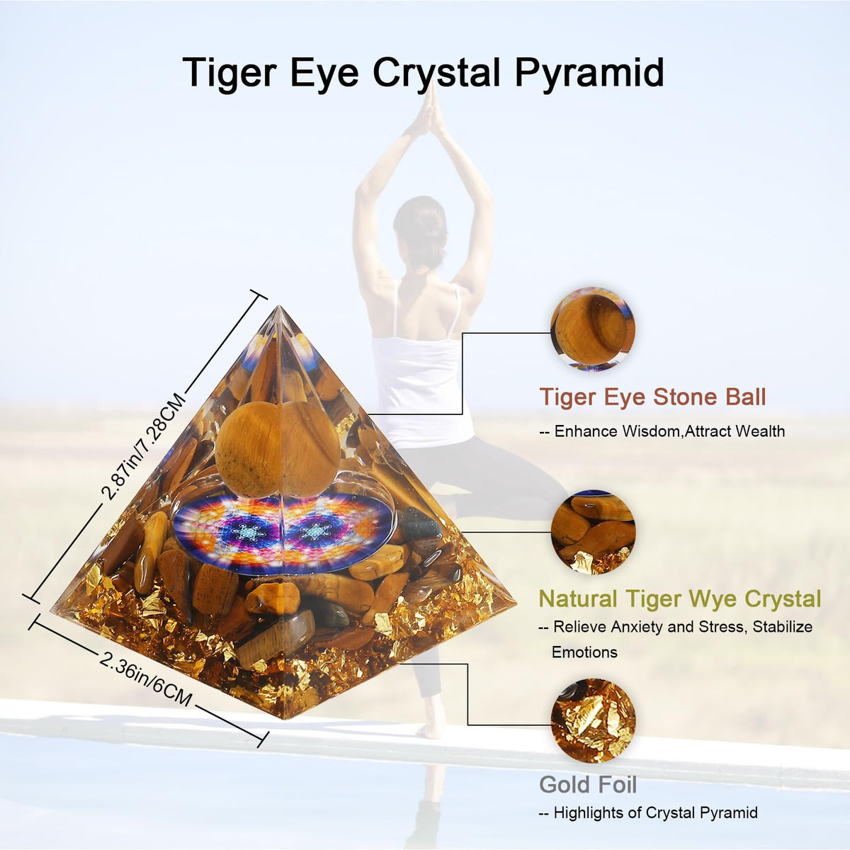 Orgone Pyramid, Orgonite (Tiger-Eye Crystal Pyramid, Orgone Energy Generator for Reduce Stress Healing Meditation Attract Wealth and Lucky(Tiger-Eye Crystal)