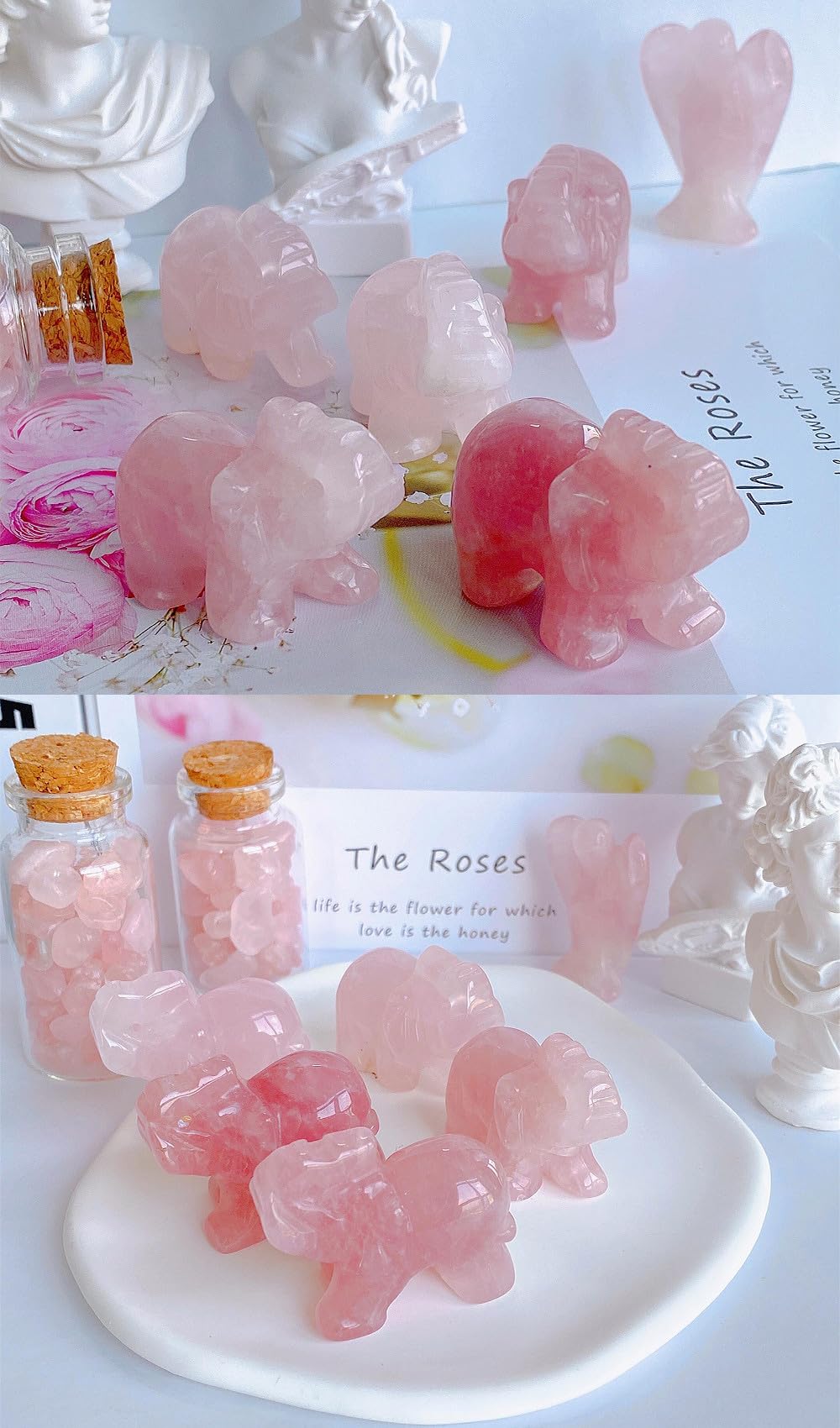 Rose Quartz Elephant Decor Pink Crystals Healing Stones Pocket Figurine Natural Crystal Statue Hand Carved Sculpture Cute Gemstone Energy Home Office Valentine's Day Desk Decoration Gifts for Women