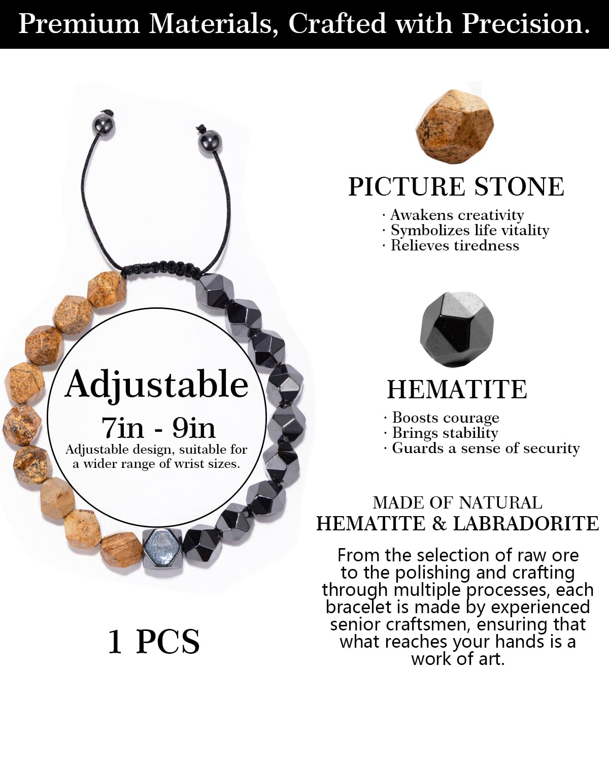 Beaded Bracelet for Men, 10mm Natural Stones Bracelet for Men's Gift, Adjustable Precision-Cut Gemstone Crystal Healing Bracelet, Protection Jewelry Gift with Hematite, Tiger Eye (Picture Stone & Hematite)