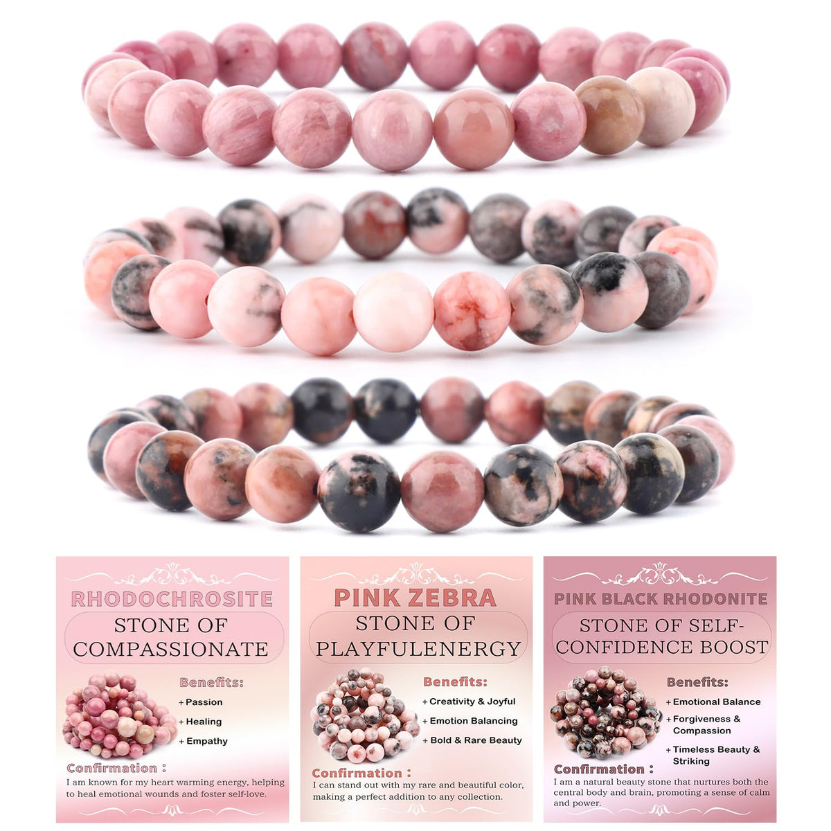NCB 3-Piece 8mm Natural Crystal Gemstone Stretch Bracelets – ﻿Rhodochrosite, Pink Zebra, Pink Black Rhodonite Handmade Reiki Energy Healing Jewelry for Meditation,Yoga, Unisex
