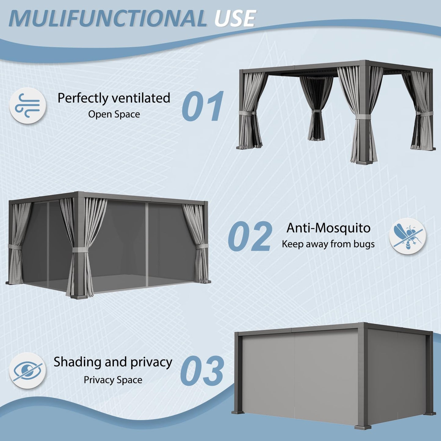Aoxun Louvered Pergola 12' x 16' Aluminum Outdoor Pergola with Independent Adjustable Roofs, Curtains and Netting, Built-in Drainage System for Patios & Backyards, Rust Resistant Frame