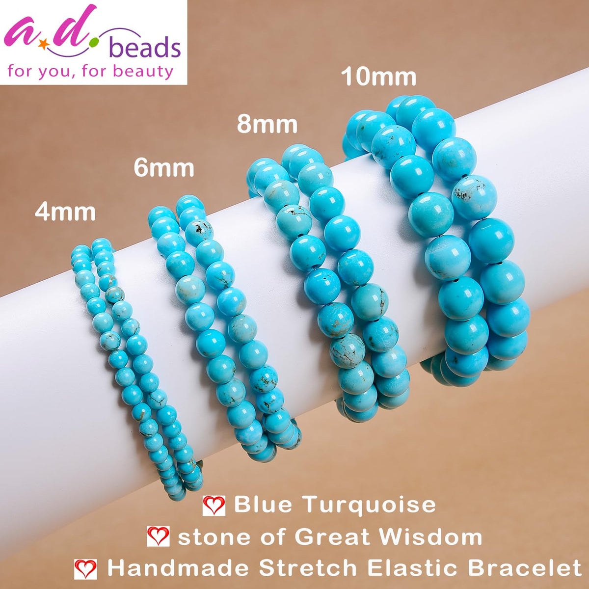 AD Beads Handmade Gemstone Stretch Elastic Bracelet Crystal Healing Reiki Nature's Beauty and Spiritual Essence Unisex (4mm, Blue Turquoise (Great Wisdom))