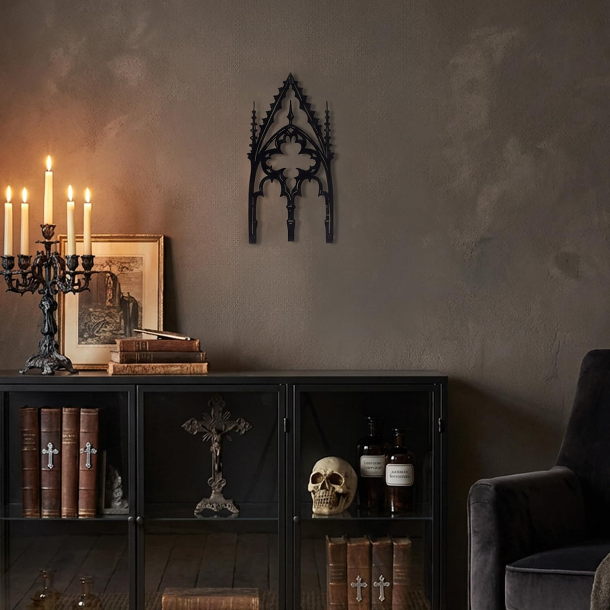 WOPARTY Gothic Cathedral Window Wall Art, Black Metal Decorative Panel, 11.8 x 5.91 Inches, Medieval Home Decor for Bedroom Living Room