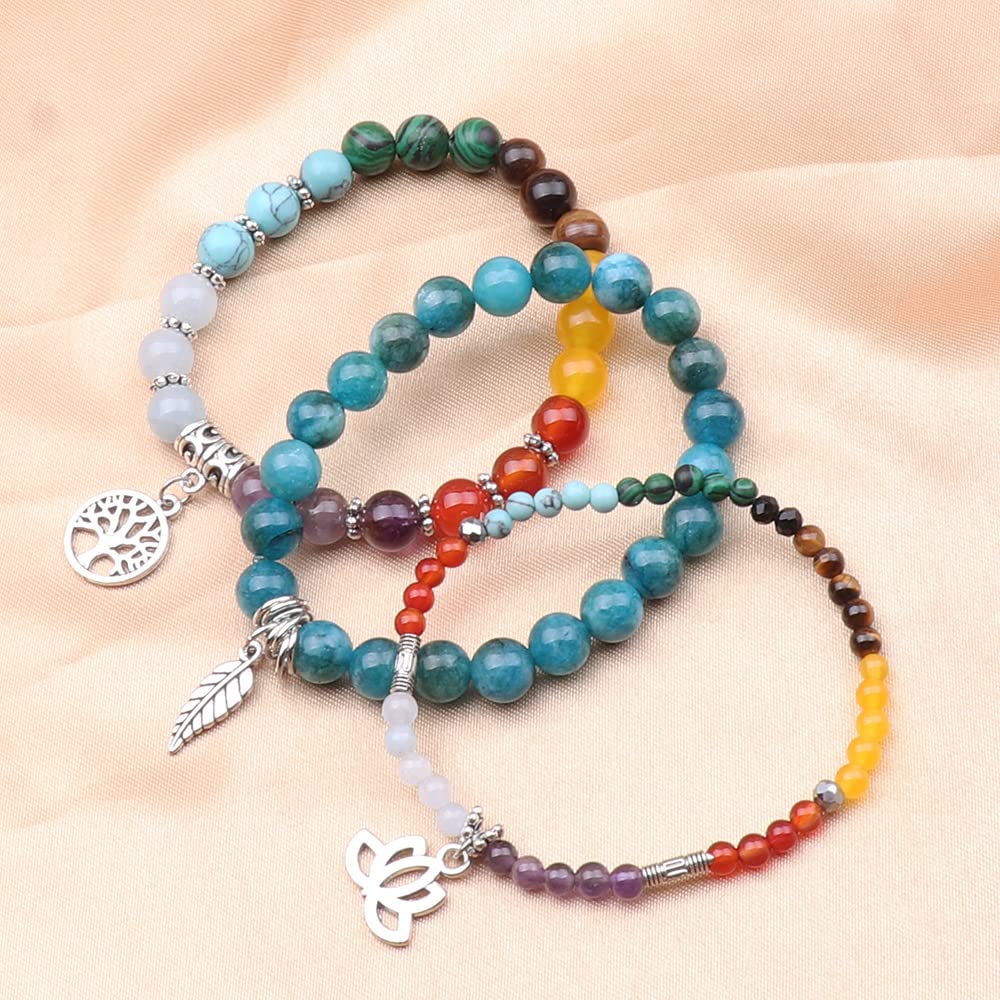 UEUC Natural Gemstone Chakra Bracelets for Women, Multilayer Tree of Life Lotus Crystal Healing Stone Bracelet Sets, Yoga Meditation Reiki Relax Bracelets for Stress Relief(#117)