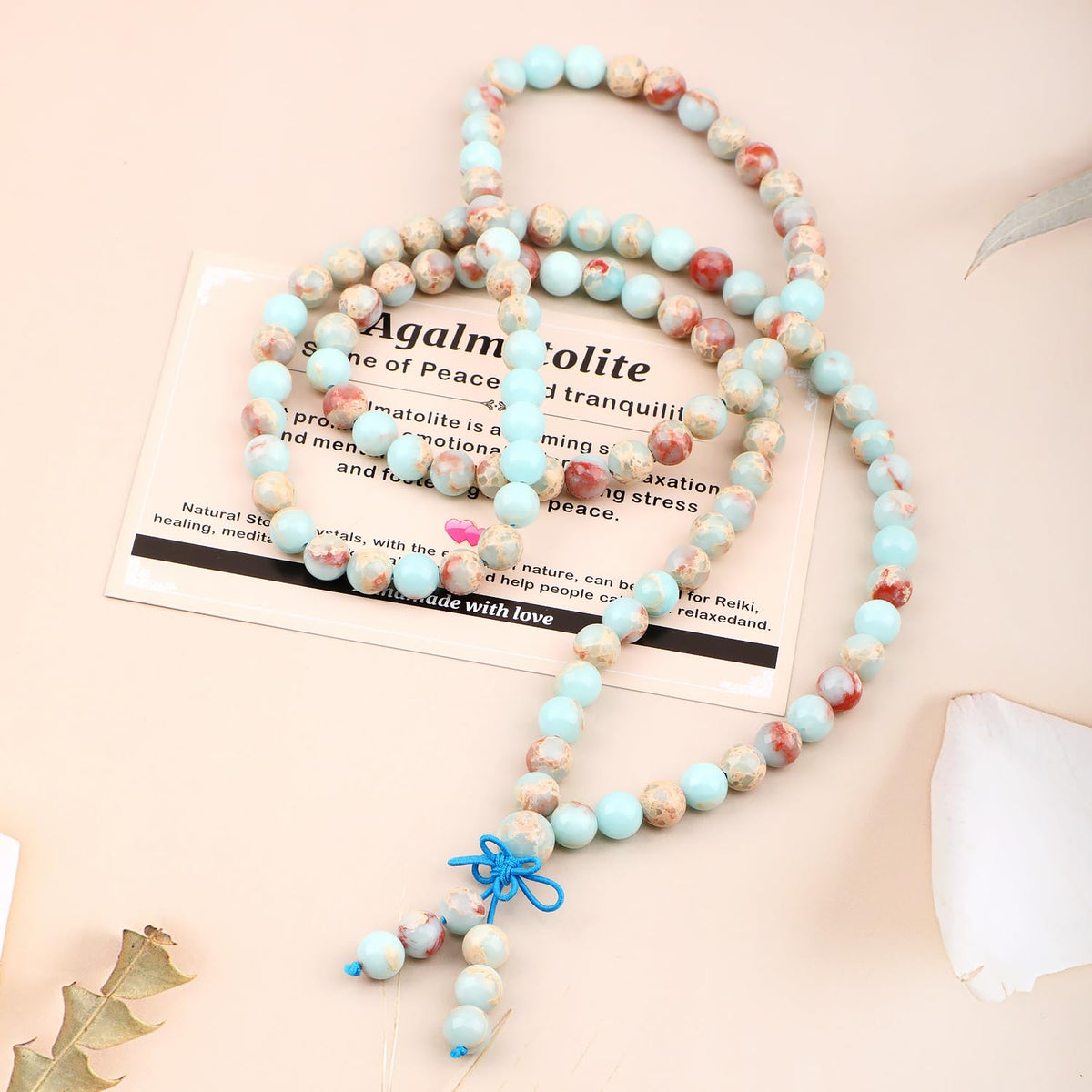 AD Beads 8mm 108 Prayer Mala Agalmatolite Elastic Bracelet - Peace and Tranquility - Handmade Yoga Meditation Healing Power Energy Gifts for Unisex Adult.
