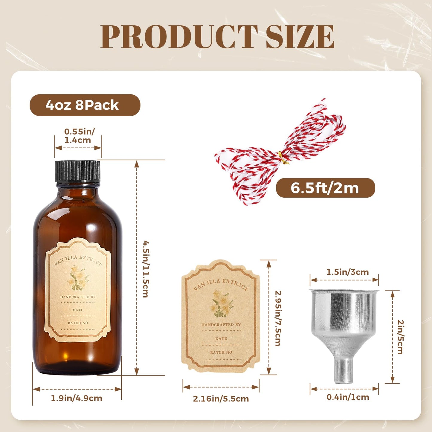 Jarsoph 4oz Amber Glass Bottles 8 PCS - Brown Boston Round Glass Bottles for Homemade Vanilla Extract, Essential Oils, Herbal Medicine, DIY Crafting - UV Protective 8 Pack Bottles for Syrup, Sauce