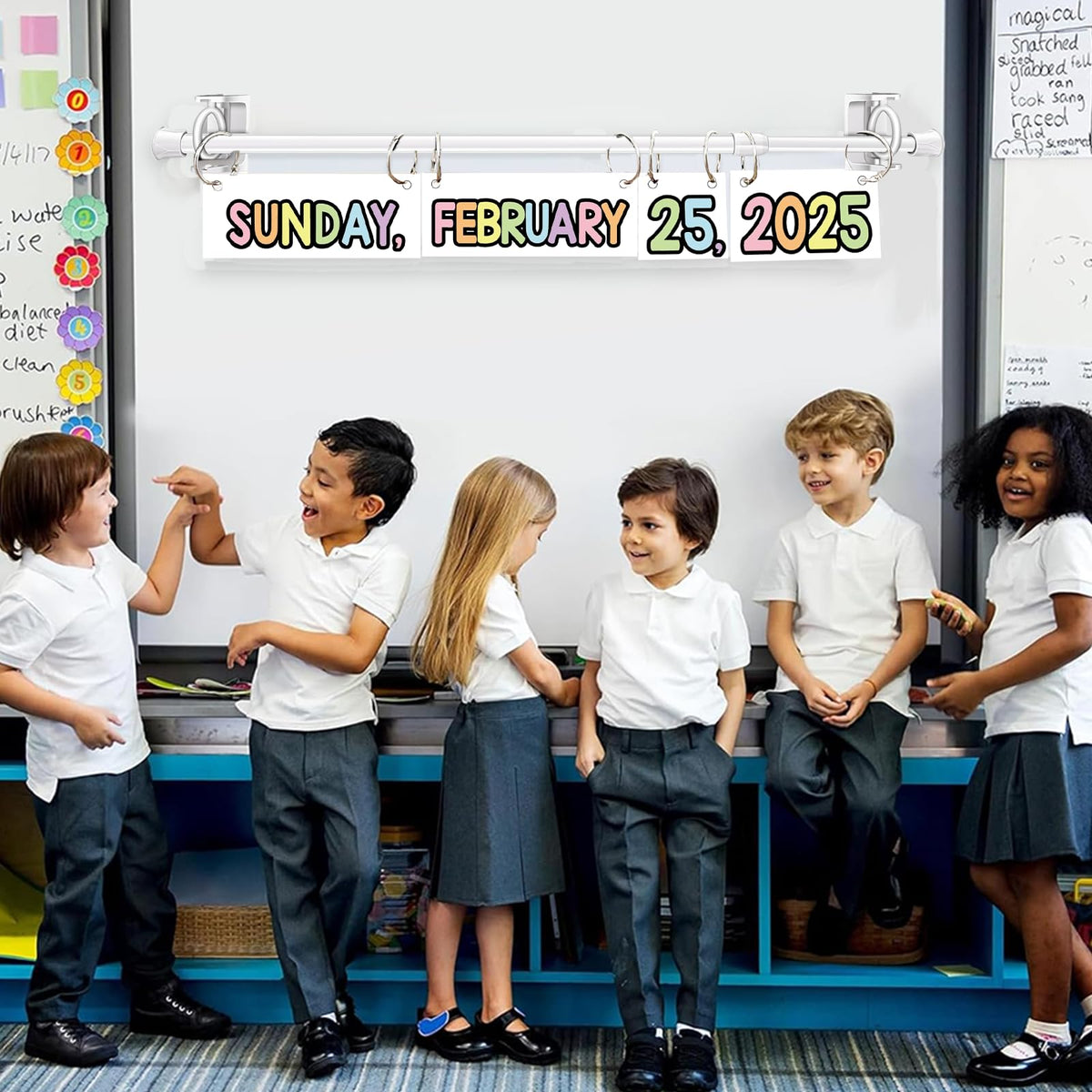 Flip Calendar Bulletin Board Set Classroom Decorations for Whiteboard with Adjustable Flip Calendar Rod Holder Date Cards Days of The Week for Classroom School Supplies(Pastel)