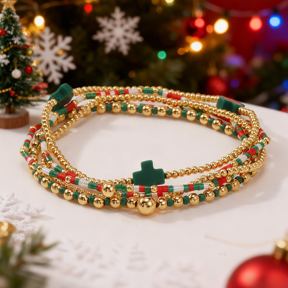 Bohxantium Christmas Bracelets Stack for Women Red Green White 14K Gold Plated Beaded Ball Stretch Stackable Small Seed Beads Cross Bracelet Trendy Jewelry Accessories Christian Friendship Xmas Gifts