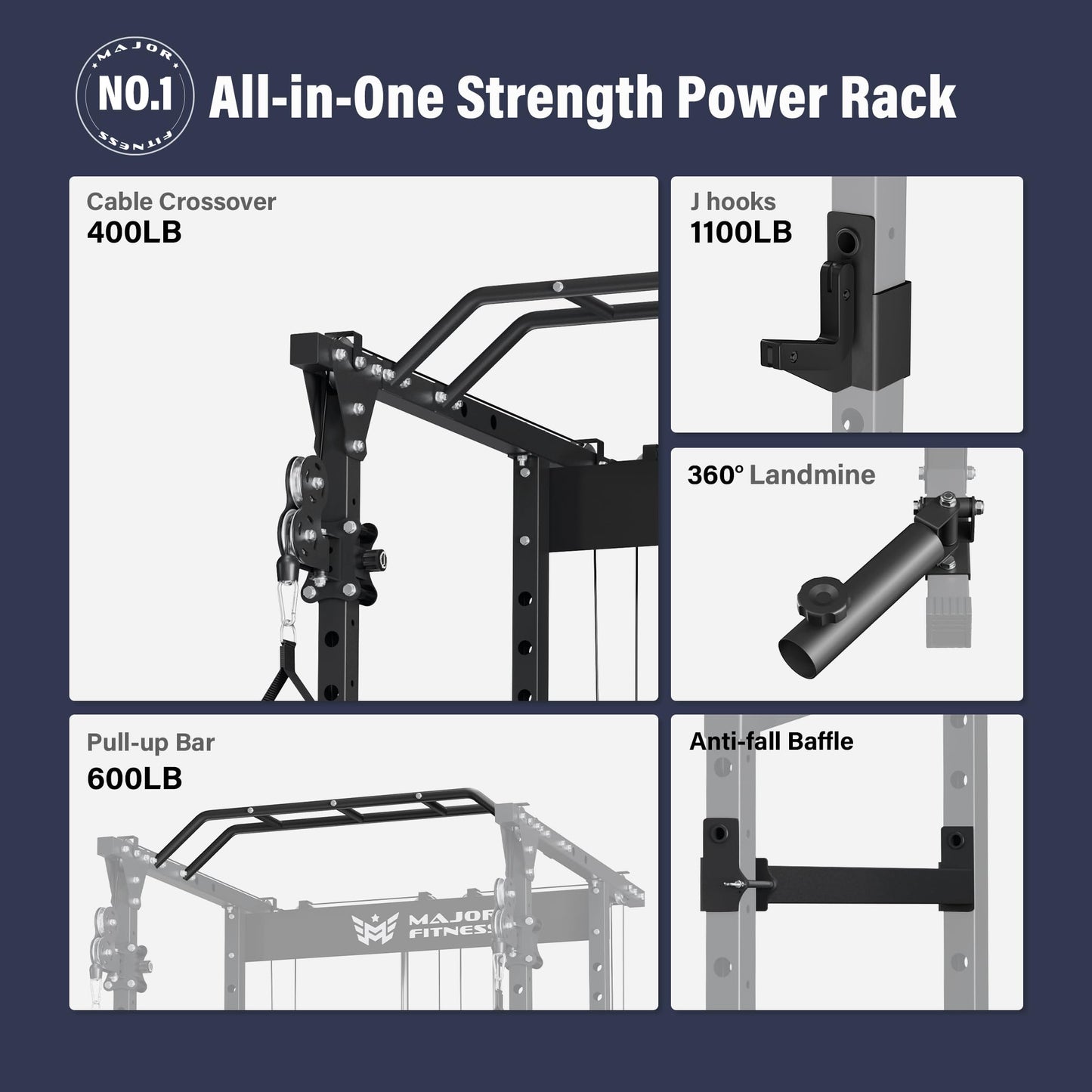 MAJOR FITNESS Power Cage Drone1 Premium- Multi-Function Power Rack for Home Gym, Squat Rack with Pull-up Bar, Cable Crossover System, J-Hooks, for Strength Training, Heavy-Duty Steel Construction