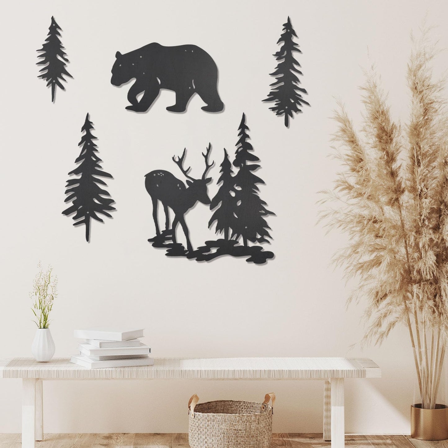 OYEFLY 5 Pieces Deer Bear Pine Tree Wall Decor,Rustic Wood Art Wall Decor (Black)