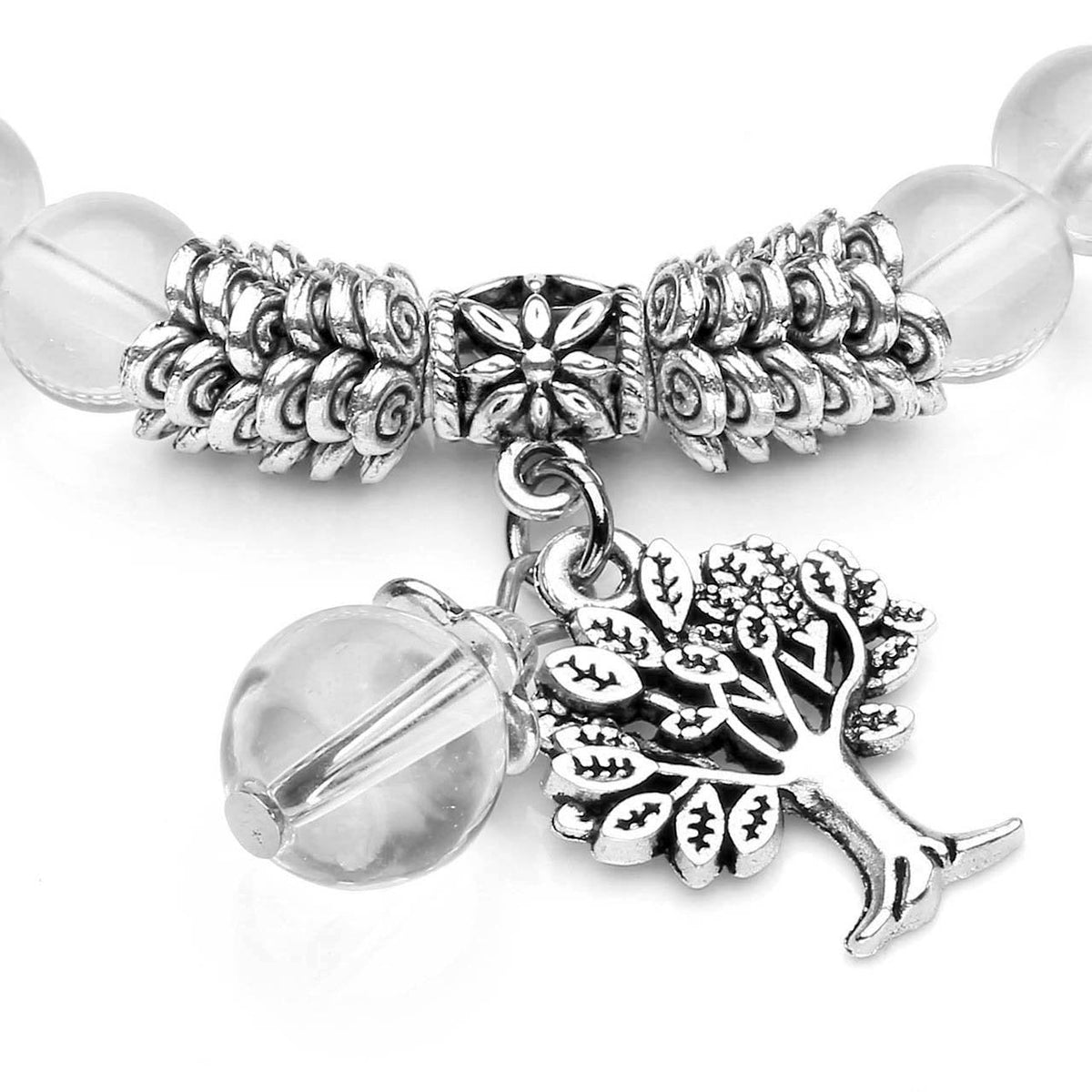 Jovivi 8MM Clear Quartz Natural Gemstone Healing Crystal Tree Life Lucky Charm Stretch Bracelet