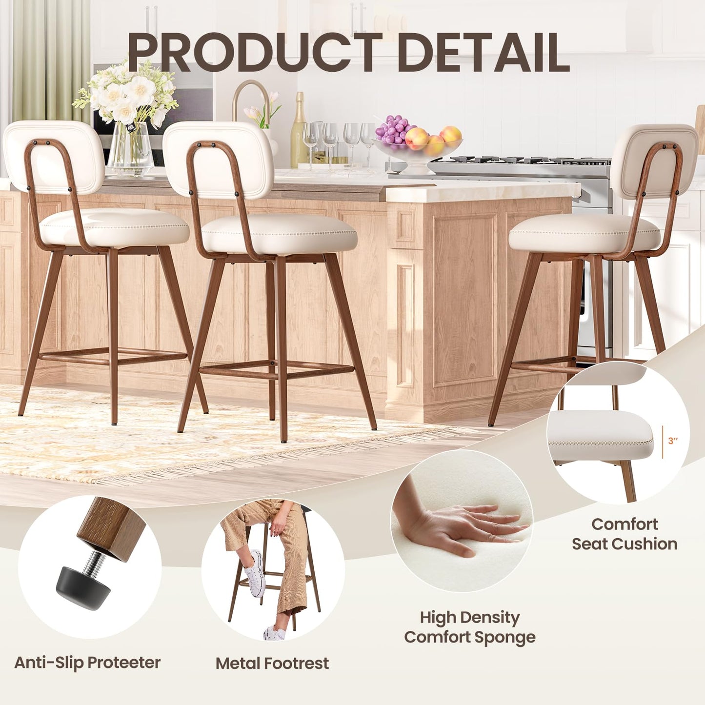 MALOL 26“ Swivel Bar Stools Set of 4, Mid Century PU Leather Counter Height Bar Chairs with Low Back and Metal Legs, Modern Bar Stool Chair for Kitchen Island, Beige