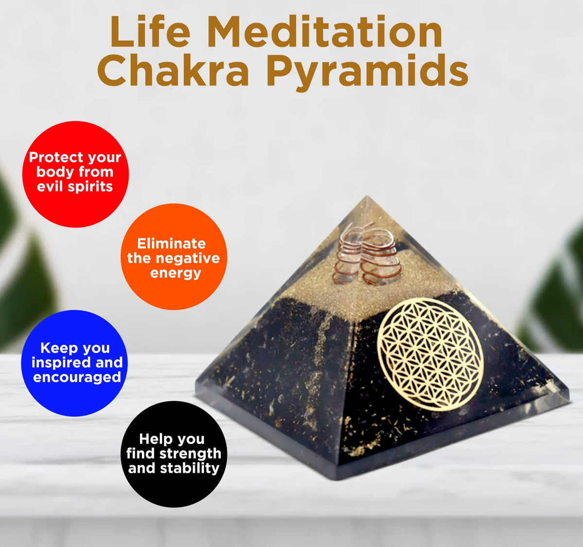 Real Crystal Black Tourmaline Orgonite Pyramid W/Flower of Life Healing Crystal Pendant, Pyramid Crystal Gemstone Pyramid for Meditation, Motivation, Positivity - Handmade in India