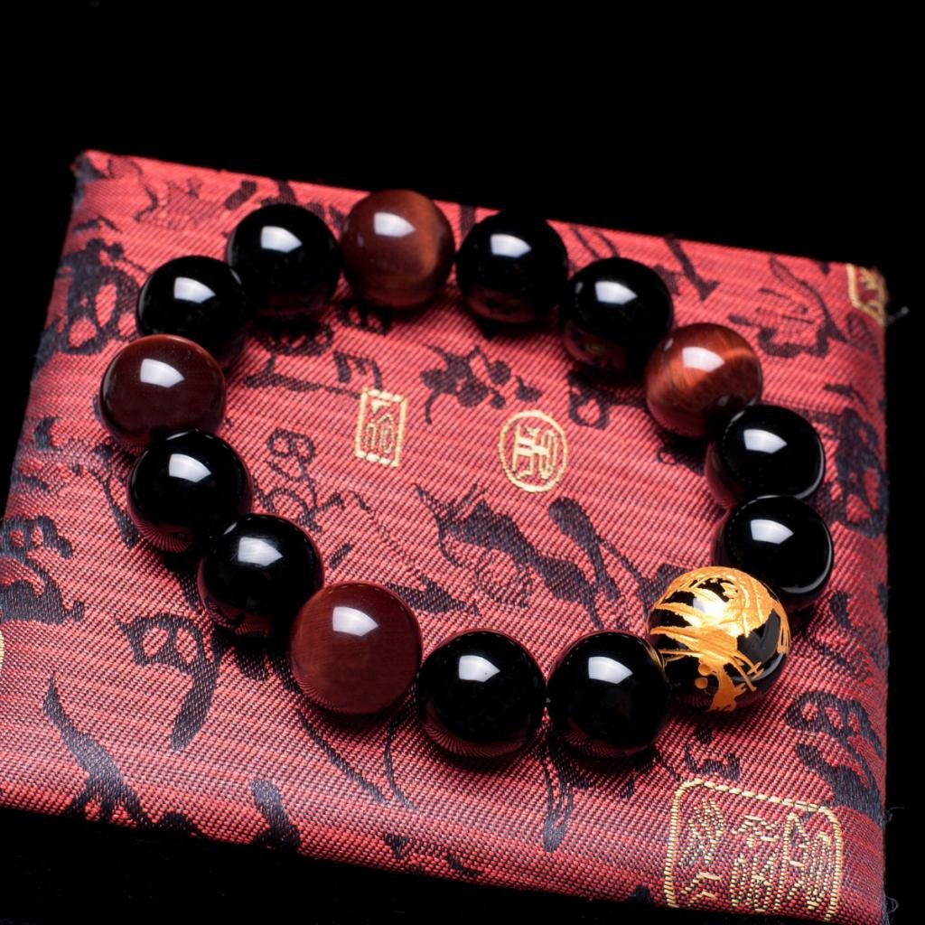14mm Natural Lava Rock Black Beads Bracelets for Men | Vintage Design Yellow Tiger Eye Black Dragon Pattern Crystal Beaded Mens Bracelet | Bold Wrist Men’s Bracelets Beads Set for Layered Looks