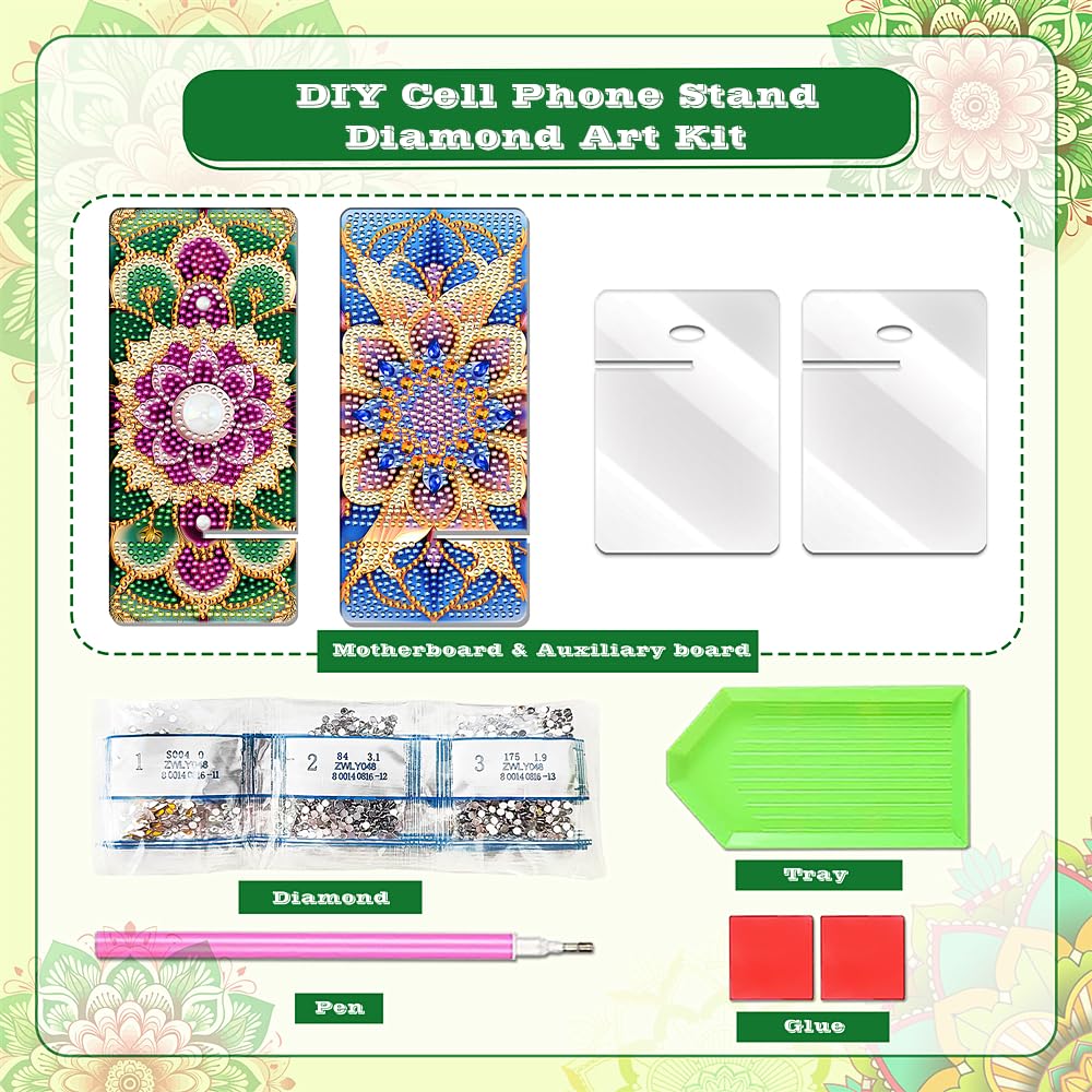 NIHO-JIUMA Diamond Art Phone Holder Kits Flower, DIY Diamond Painting Acrylic Phone Stand & Mirror, Craft Gift for Adults/Teen